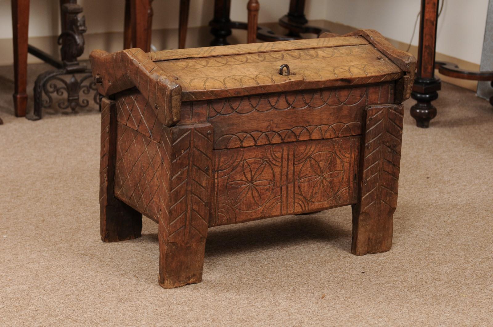 18th Century Welsh strong box with carved detail.
 