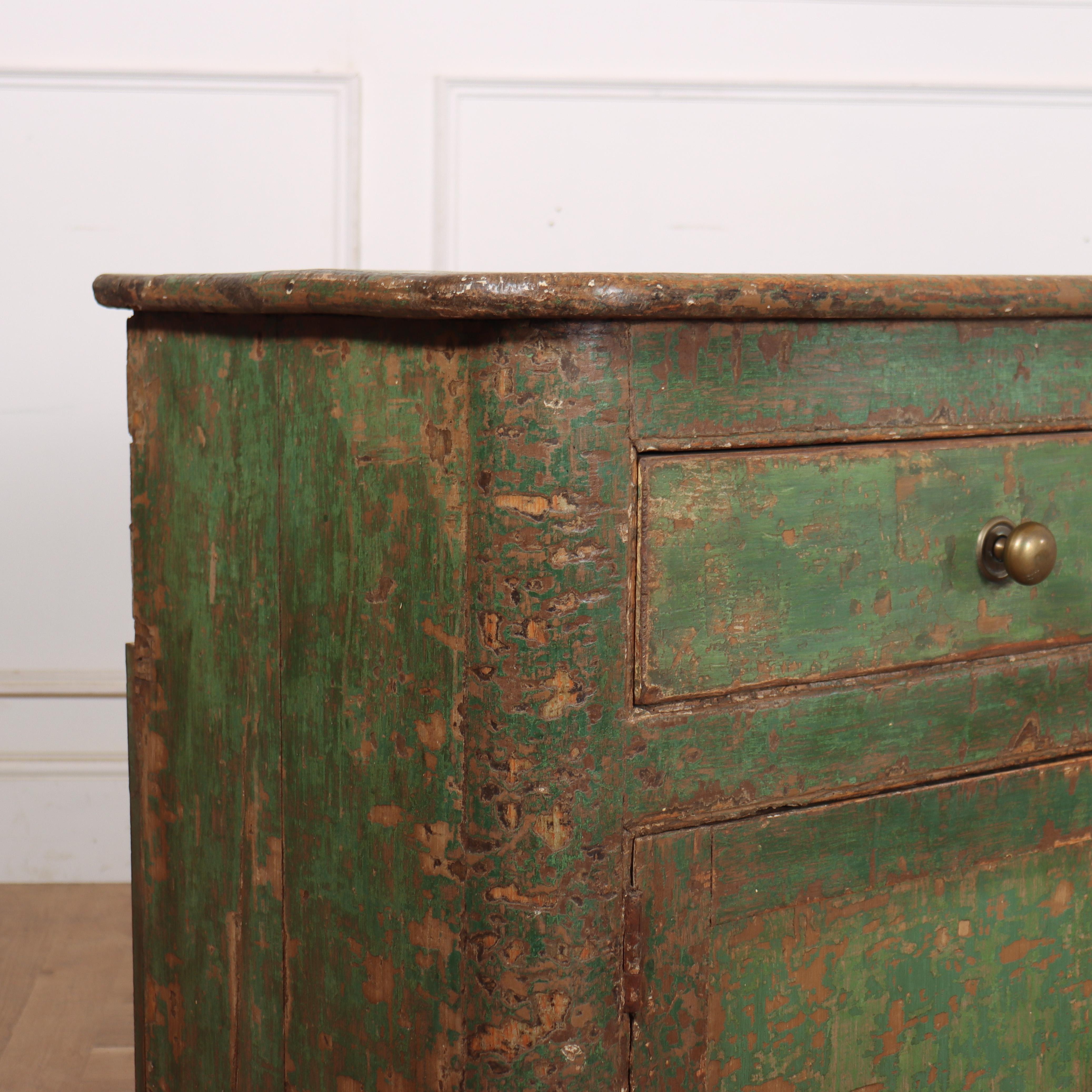 Stunning 18th century English west country pine dresser base with original paint finish and slightly bowed ends. 1790. 

Code: 9245

Dimensions:
W: 85