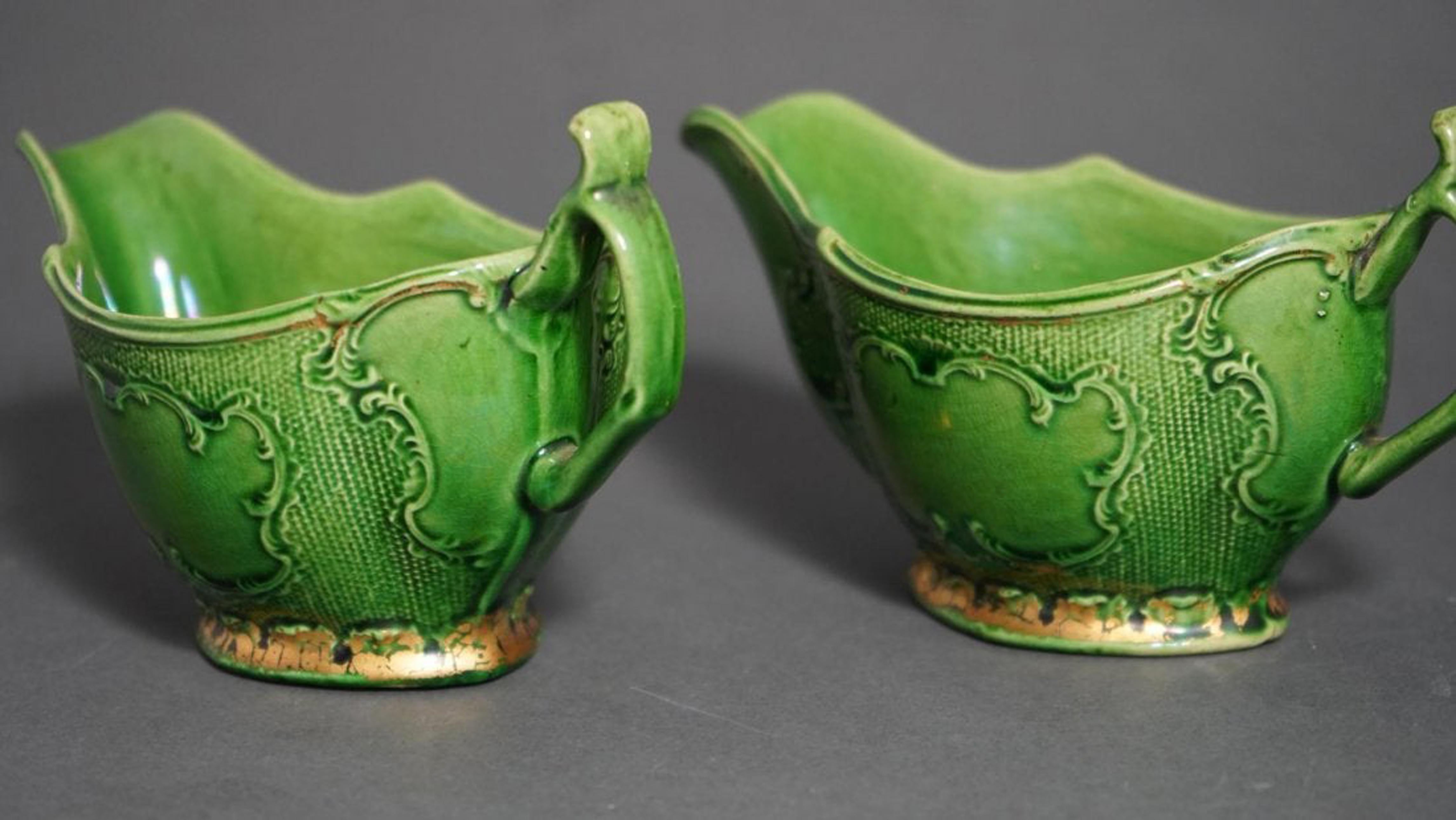 Creamware 18th Century Whieldon-Type Green-Glazed Sauceboats with Remains of Original Gilt