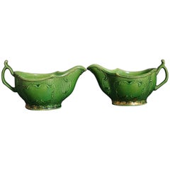Antique 18th Century Whieldon-Type Green-Glazed Sauceboats with Remains of Original Gilt