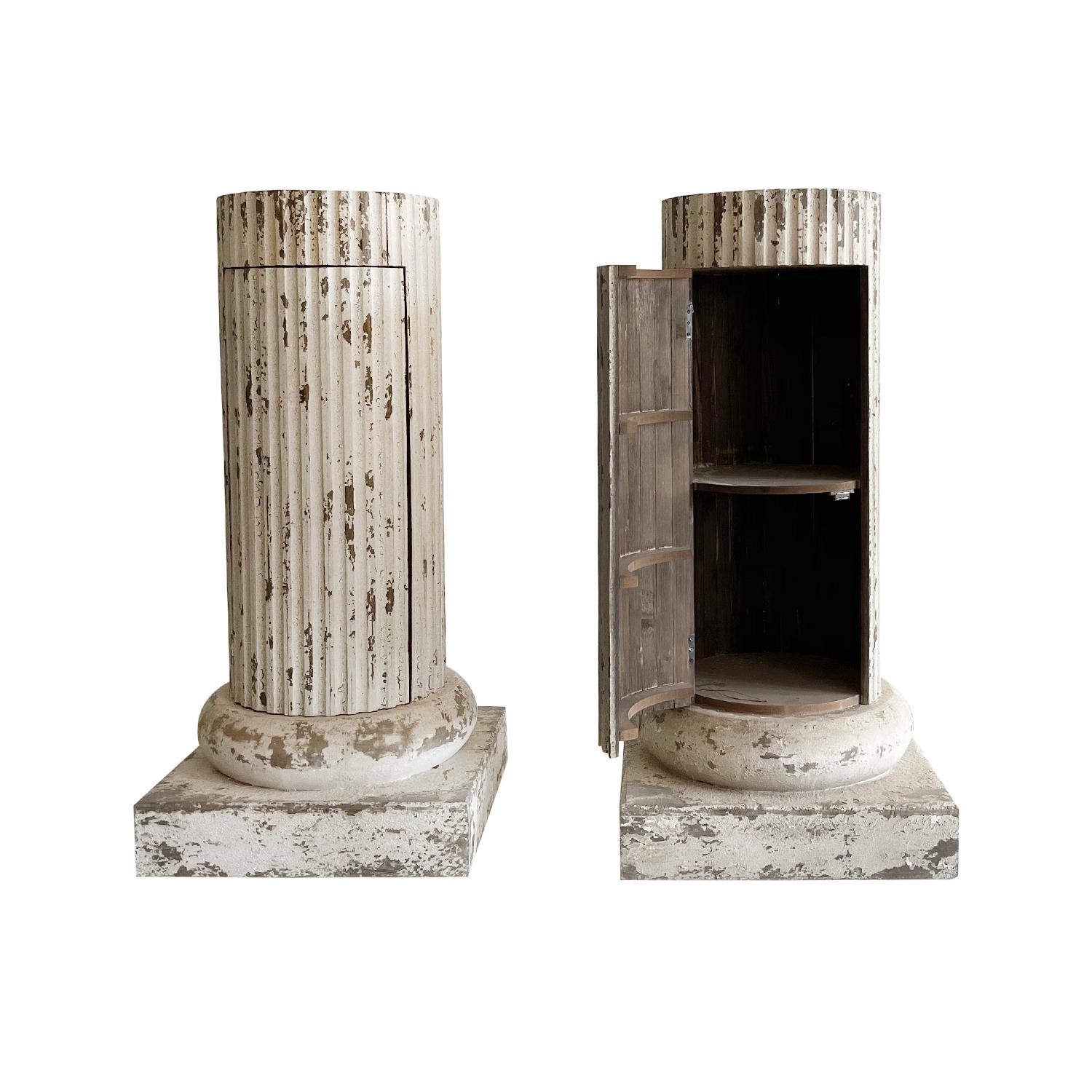 18th Century and Earlier 18th Century White-Grey French Pair of Pinewood Column Chests