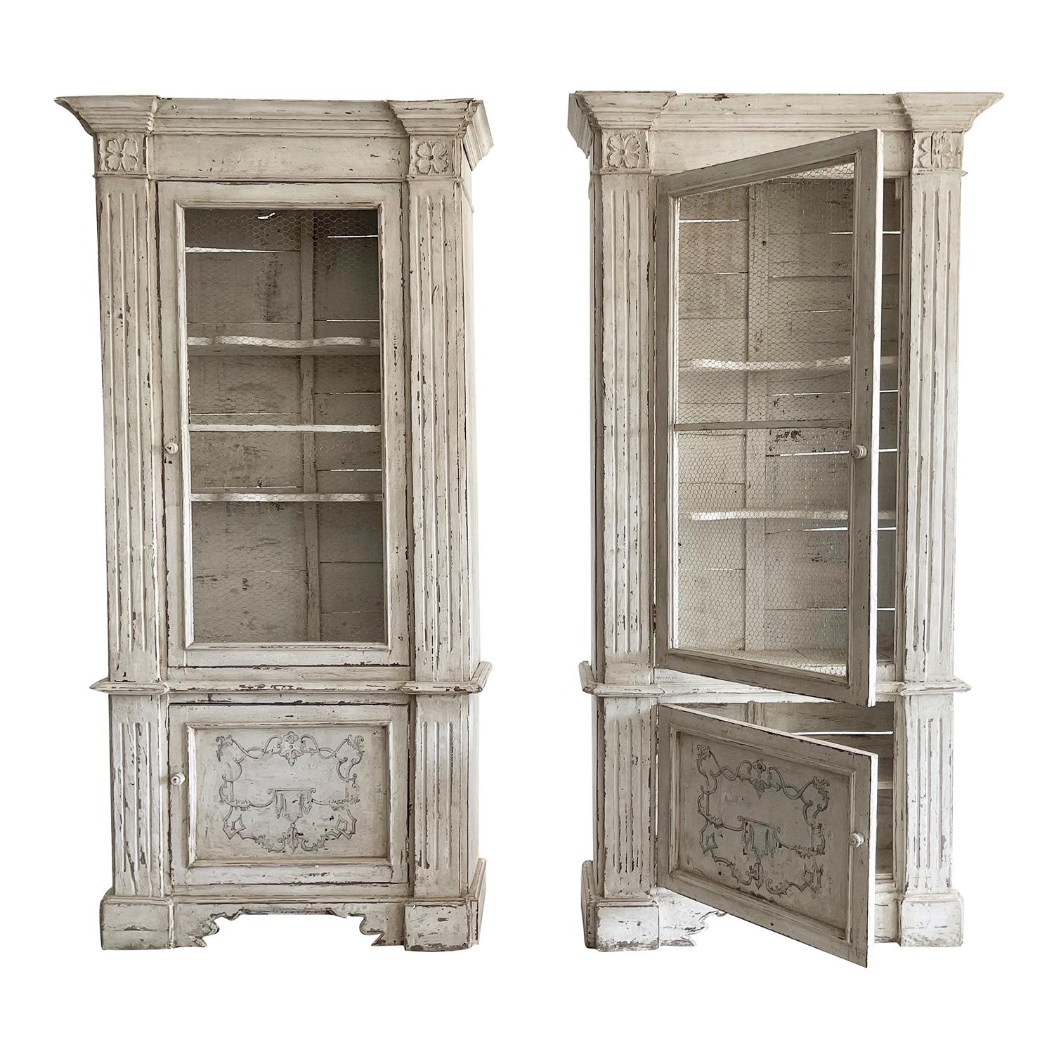 French Provincial 18th Century White-Grey French Pair of Walnut Display Cabinets