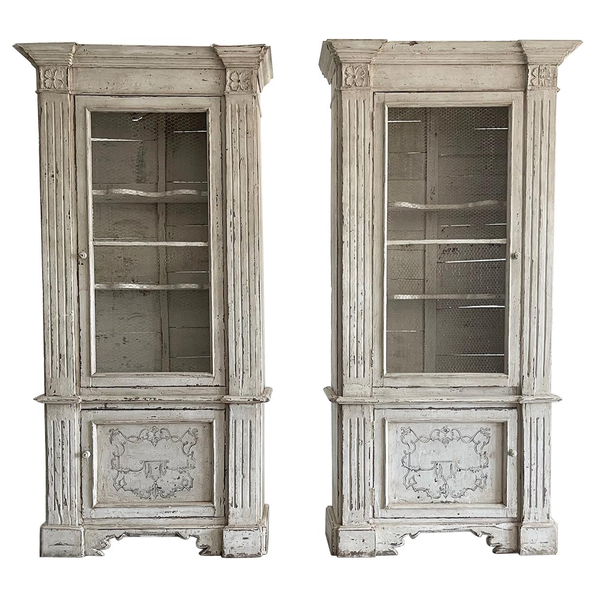 18th Century White-Grey French Pair of Walnut Display Cabinets