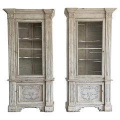 Antique 18th Century White-Grey French Pair of Walnut Display Cabinets