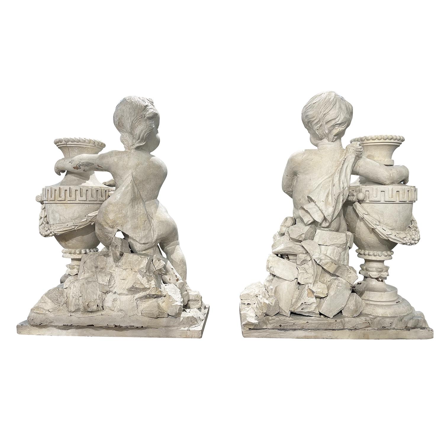 Louis XVI 18th Century White-Grey French Pair of Walnut Putti aux Vases, Antique Cherubs For Sale