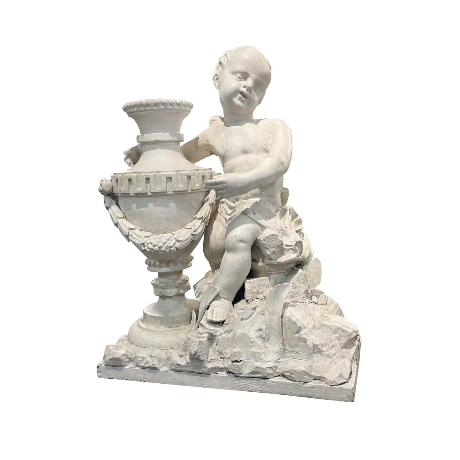 Sculpté à la main Paire de vases Putti aux Vases en Noyer Blanc- Gris du 18ème Siècle - Antique Cherubins en vente