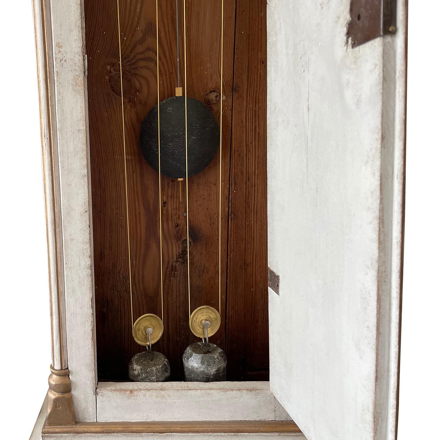 18th Century White-Grey Swedish Gustavian Brass, Pinewood Grandfather Clock 5