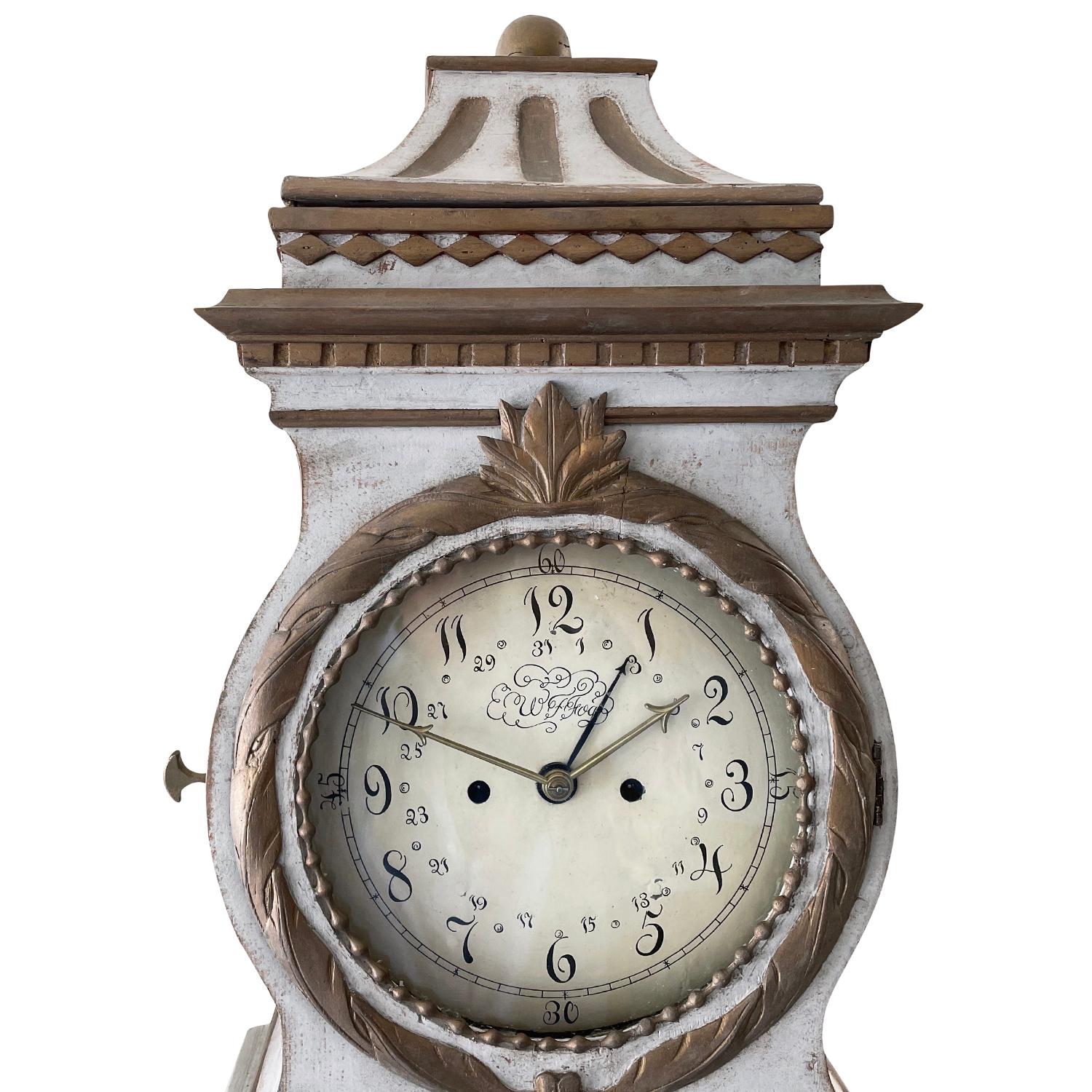 18th Century White-Grey Swedish Gustavian Brass, Pinewood Grandfather Clock 1