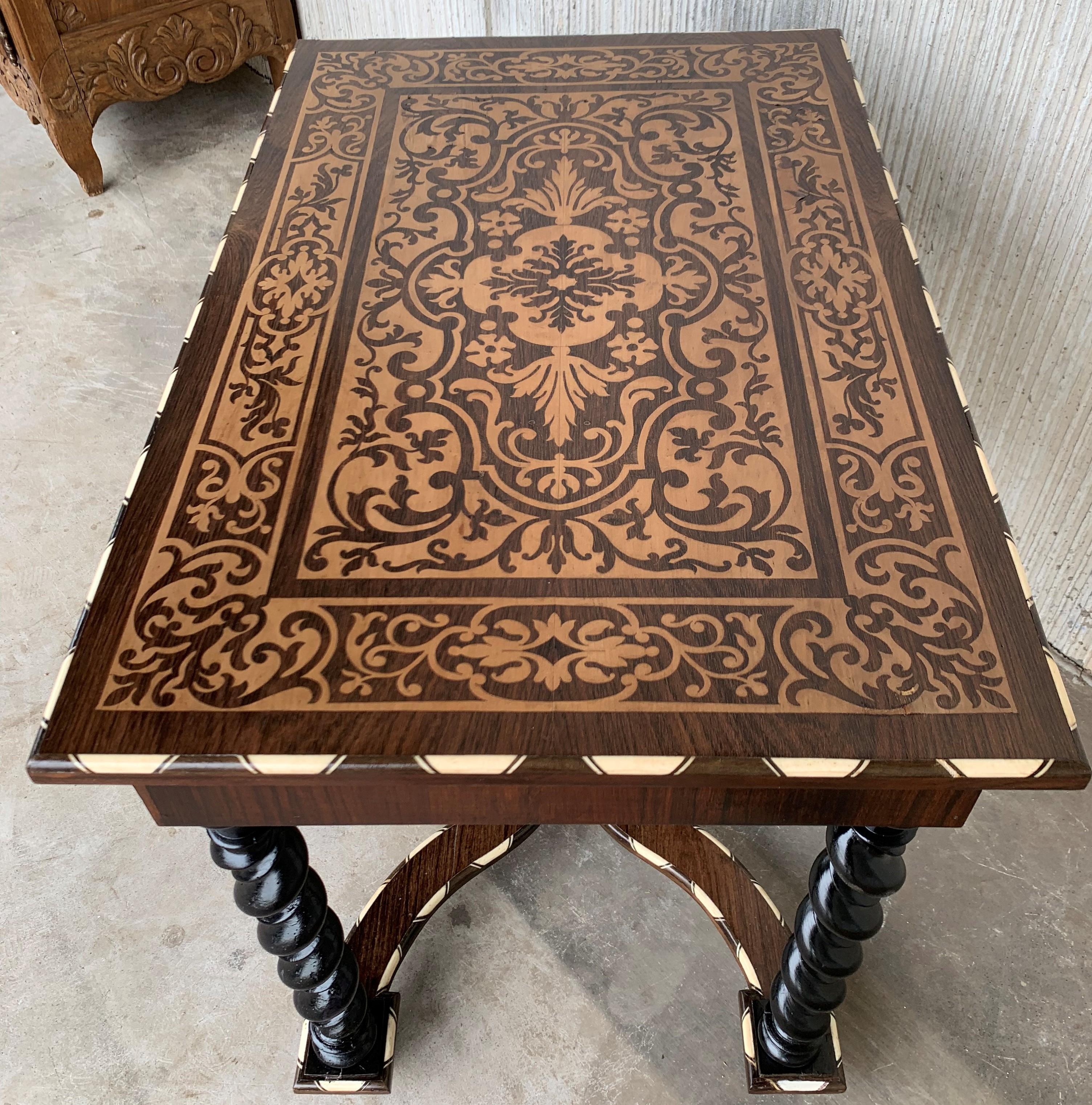 English 18th Century William and Mary Marquetry Side Table with Turned Legs & Stretcher