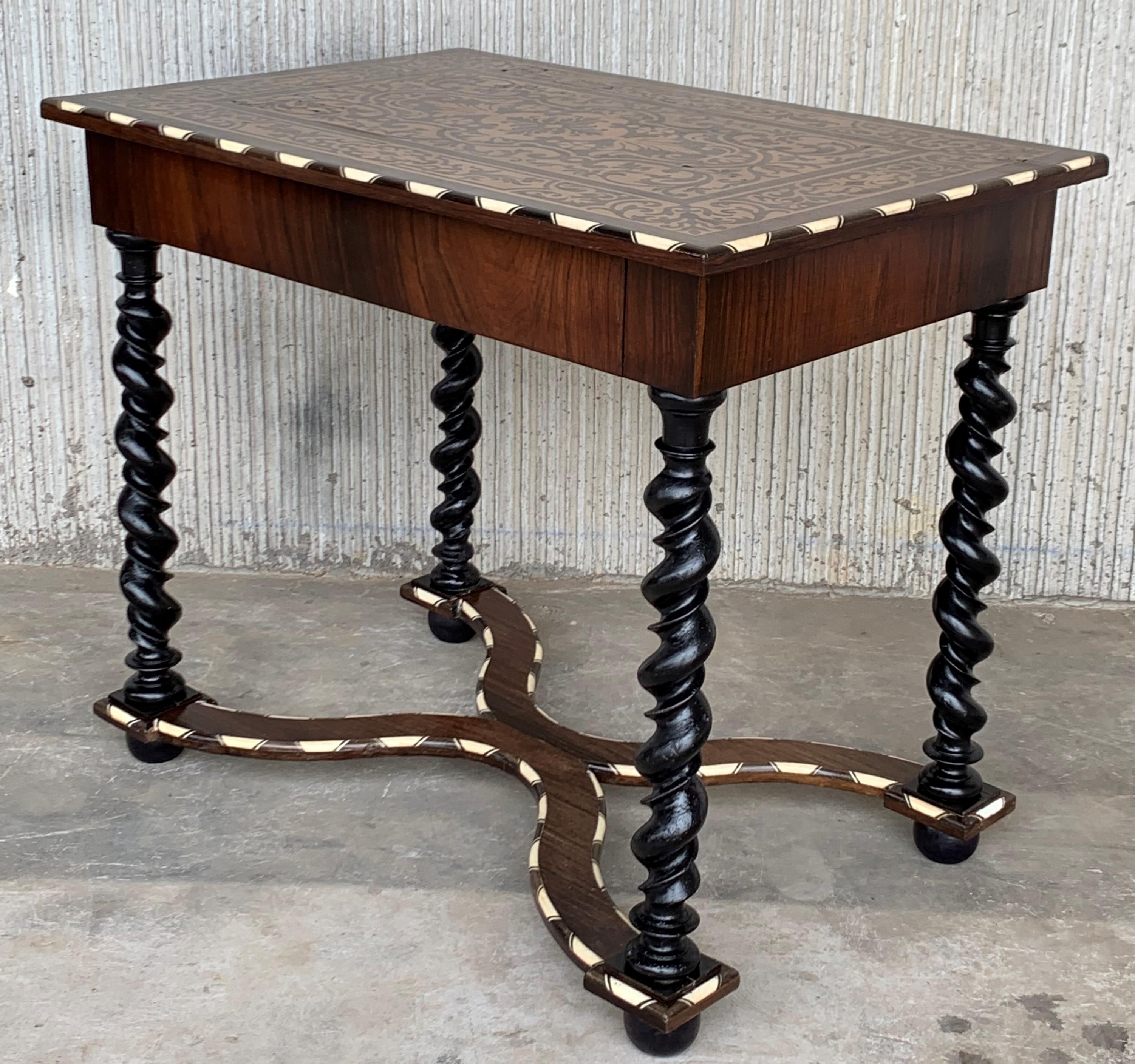 19th Century 18th Century William and Mary Marquetry Side Table with Turned Legs & Stretcher