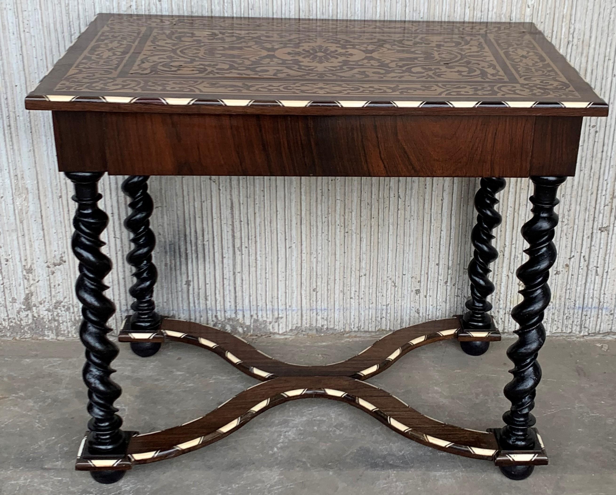 18th Century William and Mary Marquetry Side Table with Turned Legs & Stretcher 1