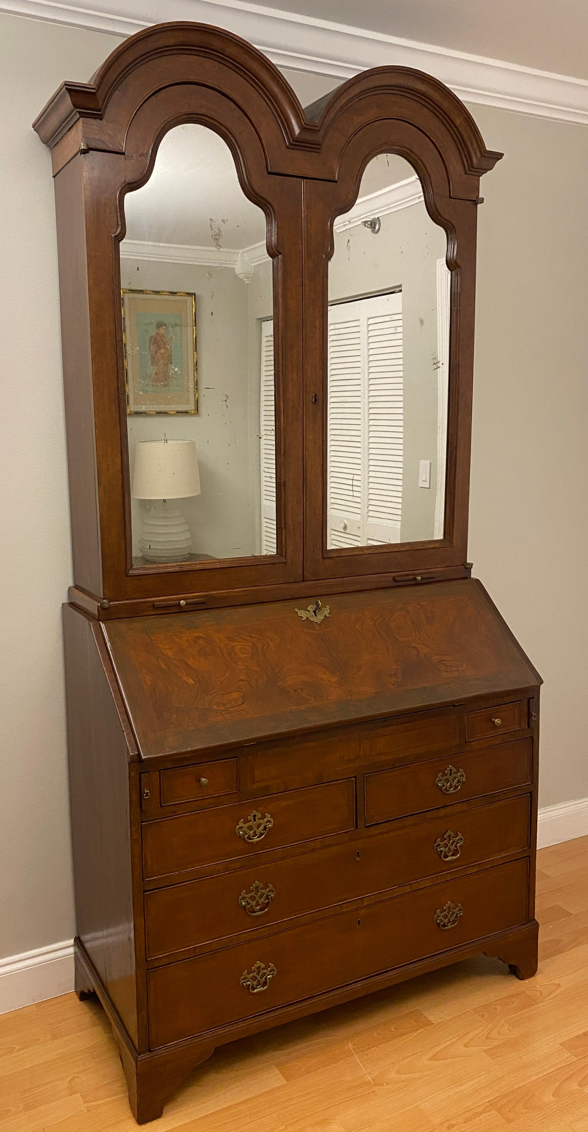 Hand-Crafted 18th Century William and Mary Walnut Double Dome Bureau Bookcase or Cabinet For Sale