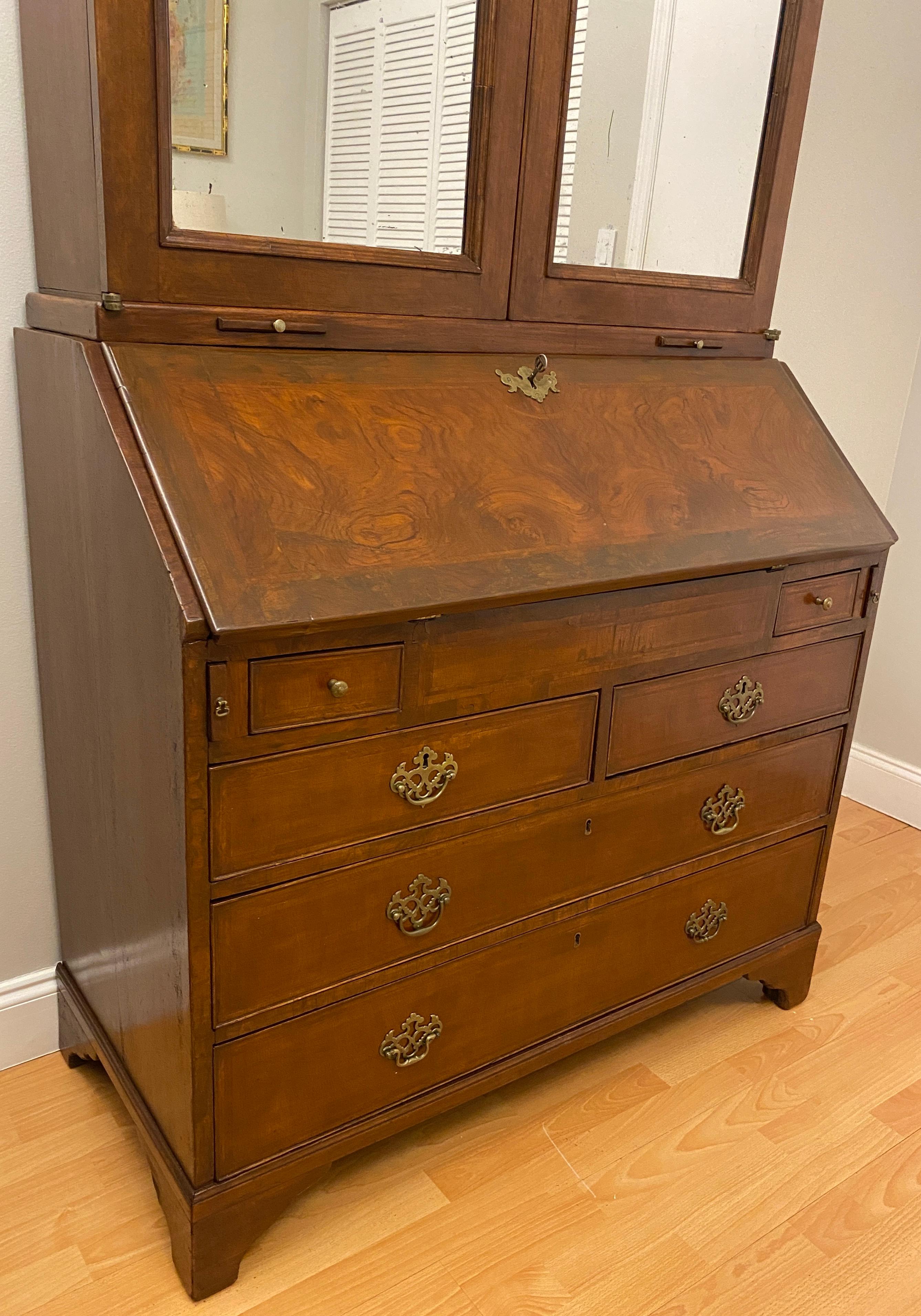 Leather 18th Century William and Mary Walnut Double Dome Bureau Bookcase or Cabinet For Sale