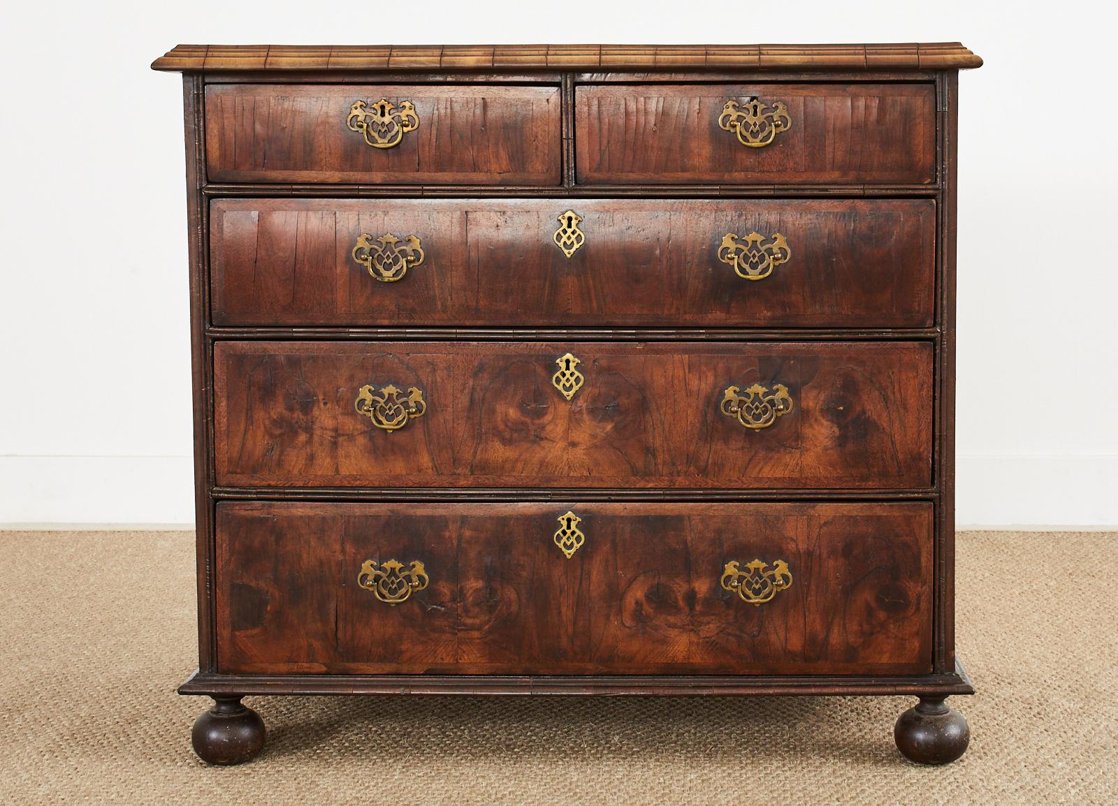 Hand-Crafted 18th Century William and Mary Walnut Veneered Chest of Drawers For Sale
