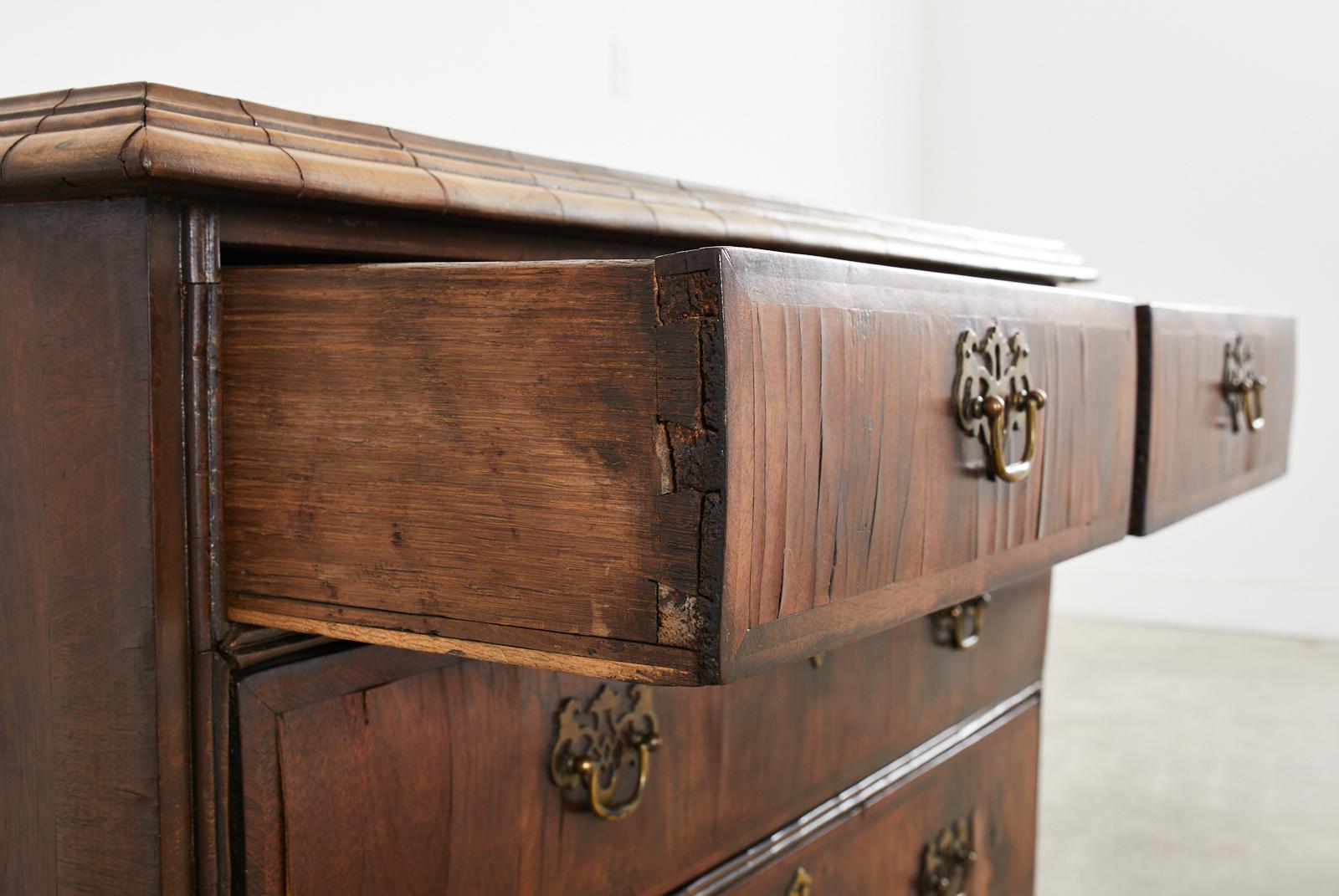 Brass 18th Century William and Mary Walnut Veneered Chest of Drawers For Sale