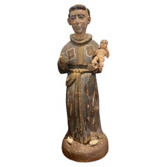 Antique 18th Century Wood Carved and Painted Santo