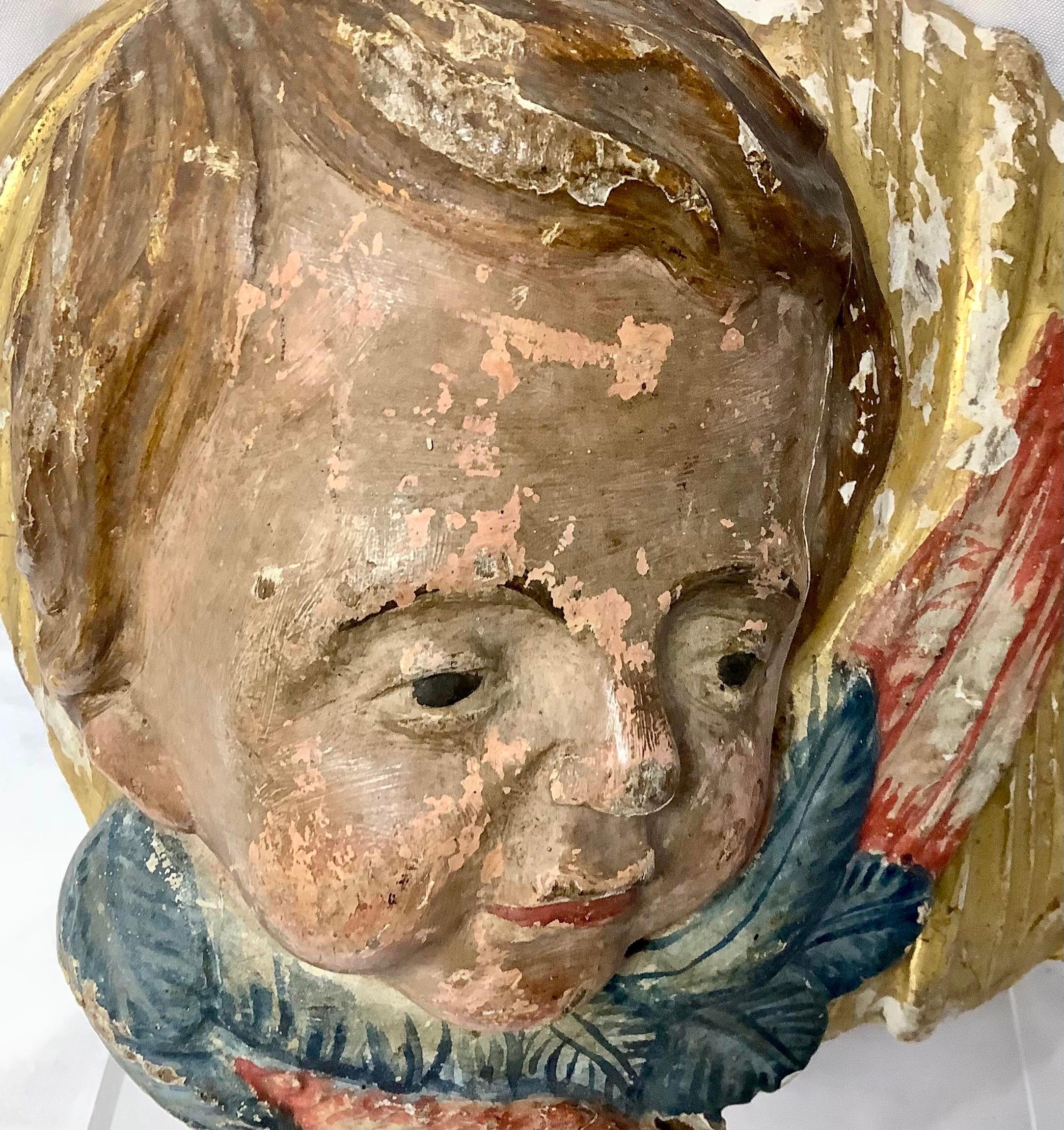 Beautiful weathered 18th century Italian carved wood angel fragment.