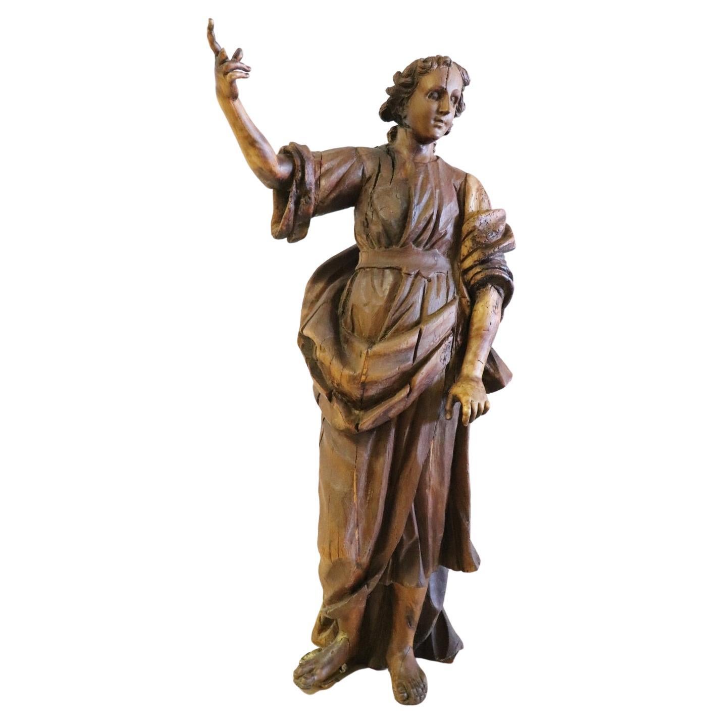 Sculpture de saint religieux italienne ancienne en bois du 18ème siècle