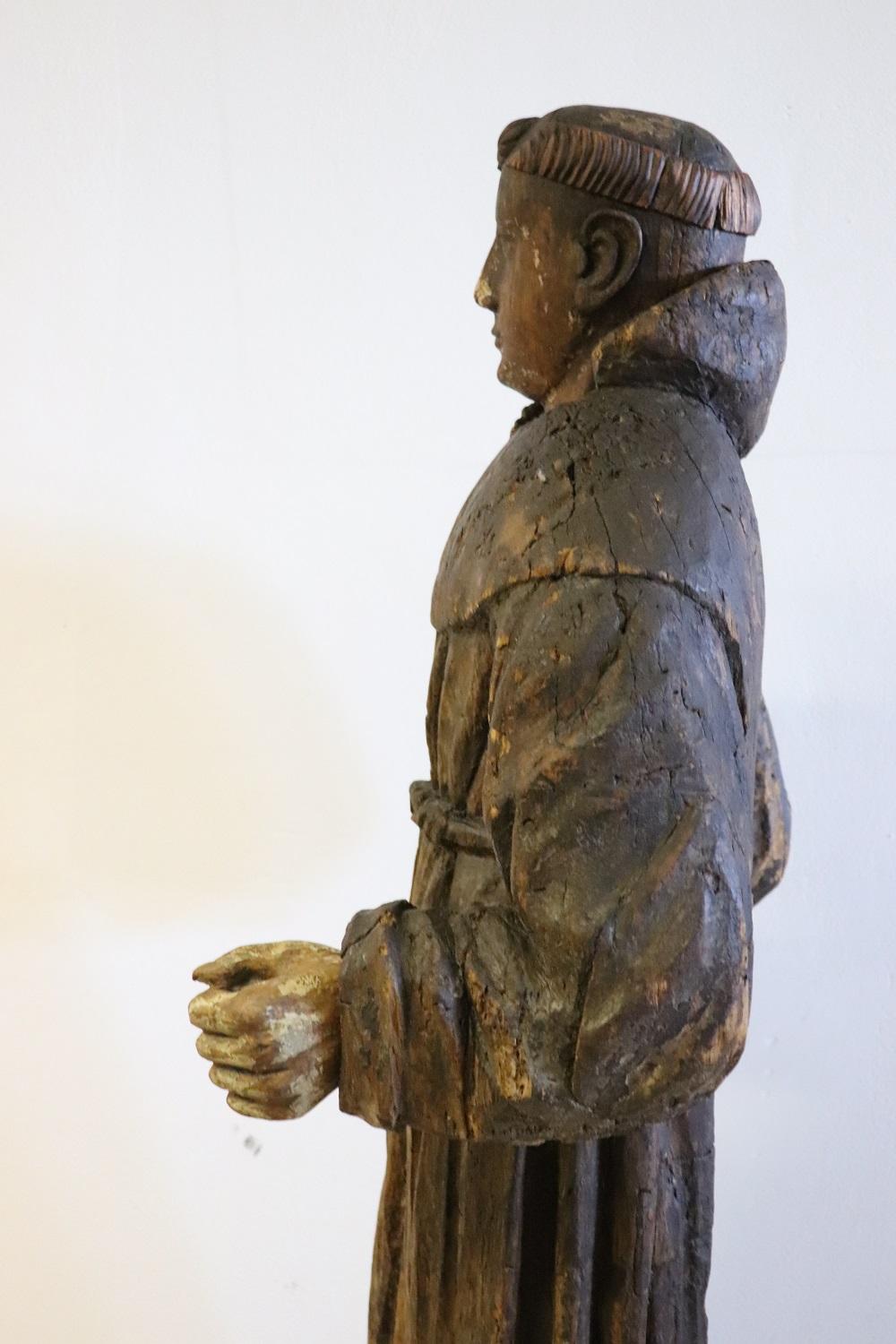 17th Century Wood Italian Antique Religious Sculpture of Saint Francis For Sale 10
