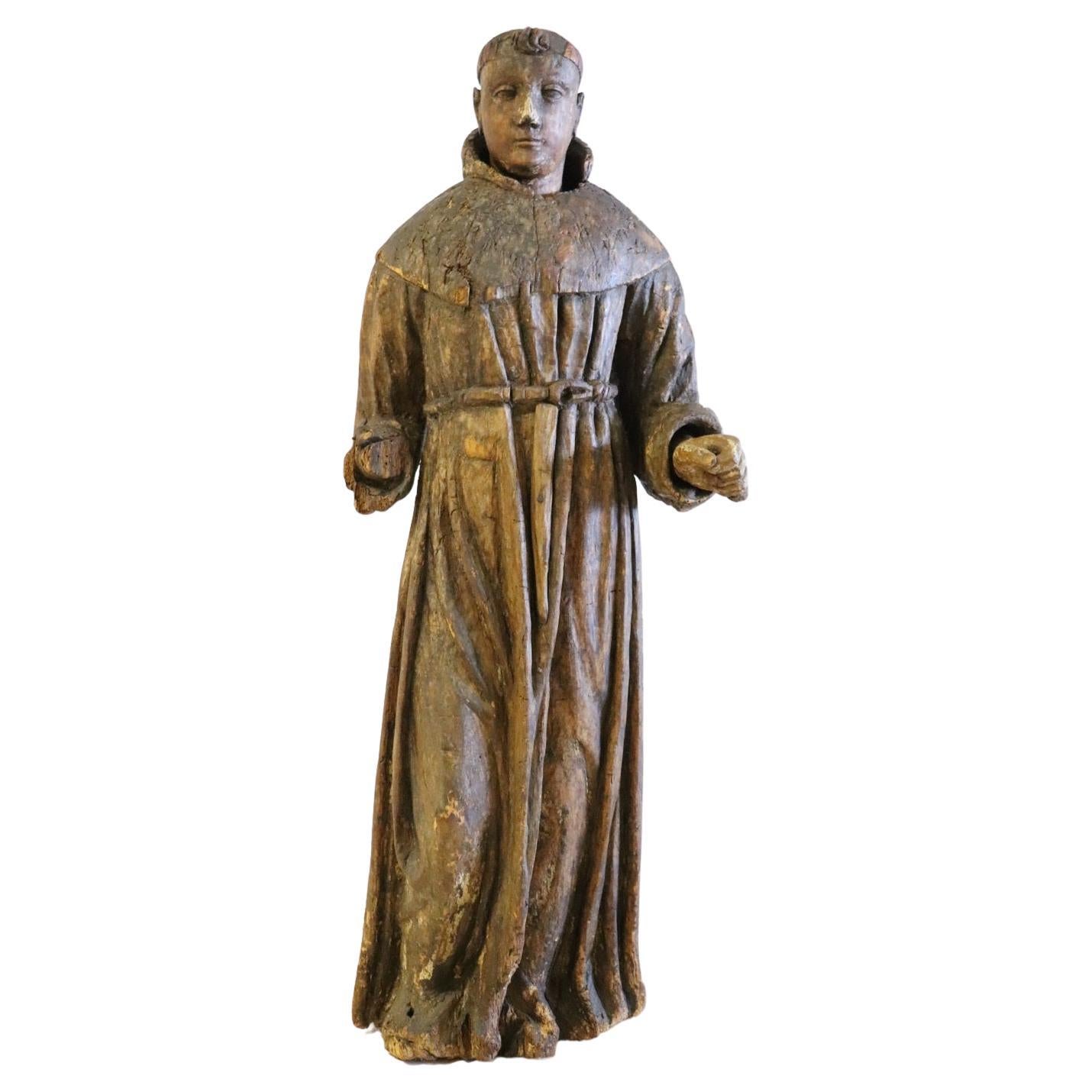 17th Century Wood Italian Antique Religious Sculpture of Saint Francis For Sale