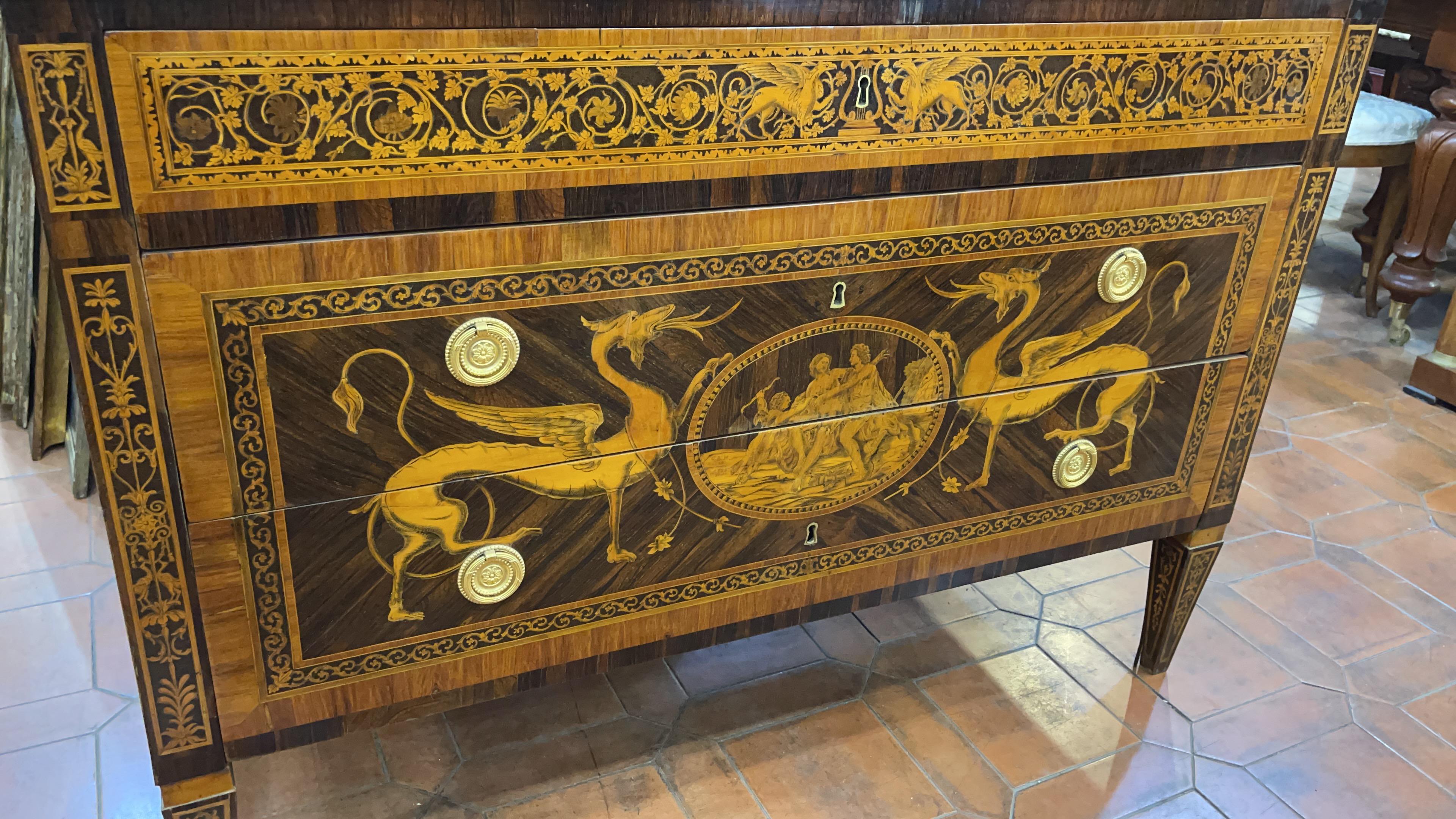 18th Century Wood Louis XVI Walnut G.B.M Italian Chest of Drawers Marble, 1798s 6