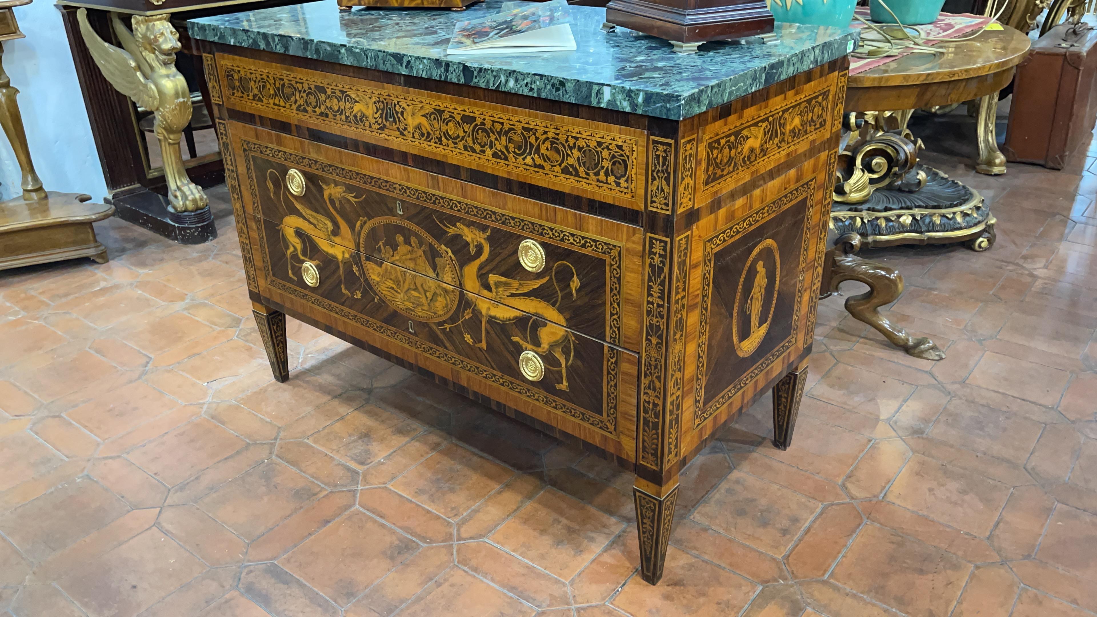 Inlay 18th Century Wood Louis XVI Walnut G.B.M Italian Chest of Drawers Marble, 1798s