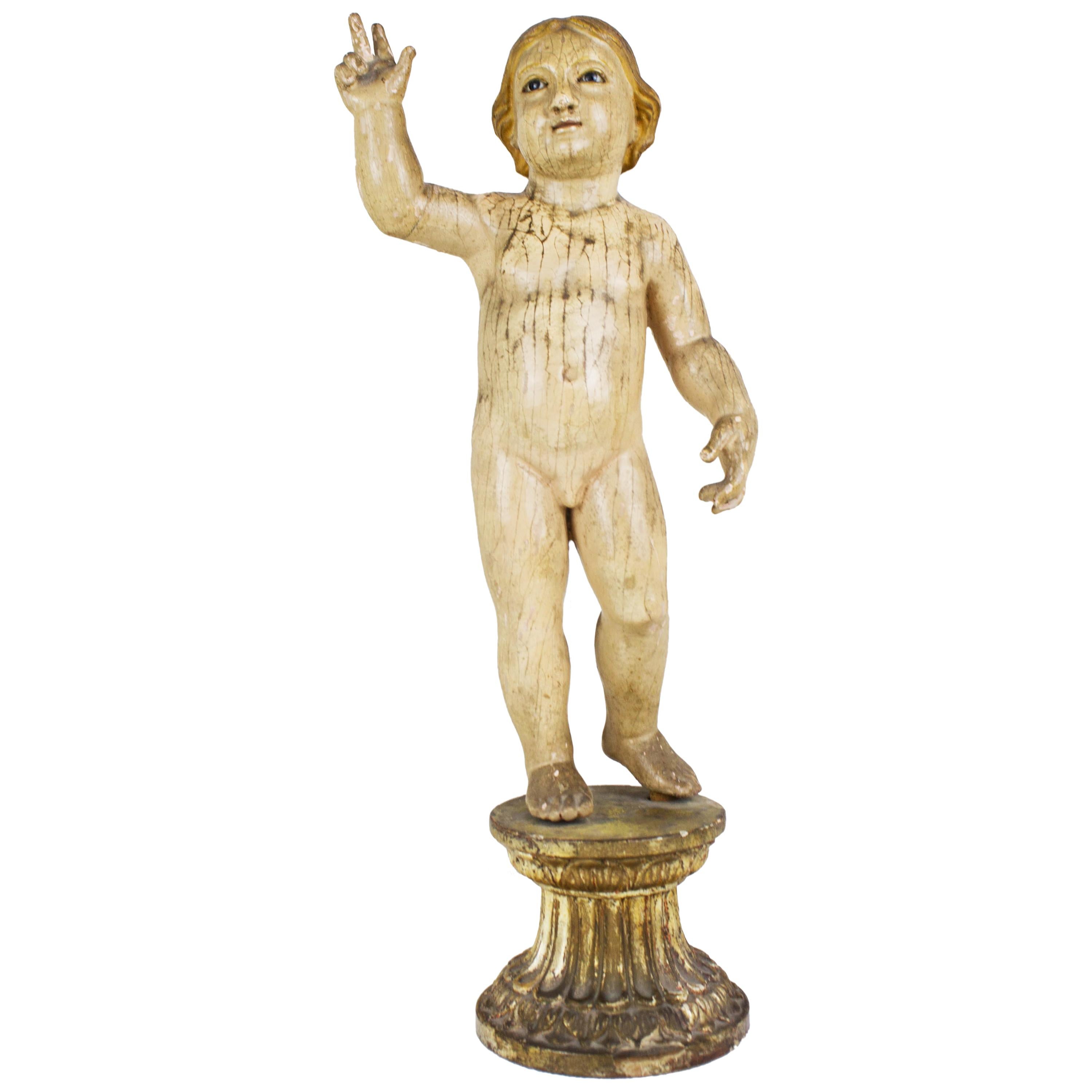 18th Century Wood Sculpture "Bambino Gesu" with Eyes in Glass For Sale
