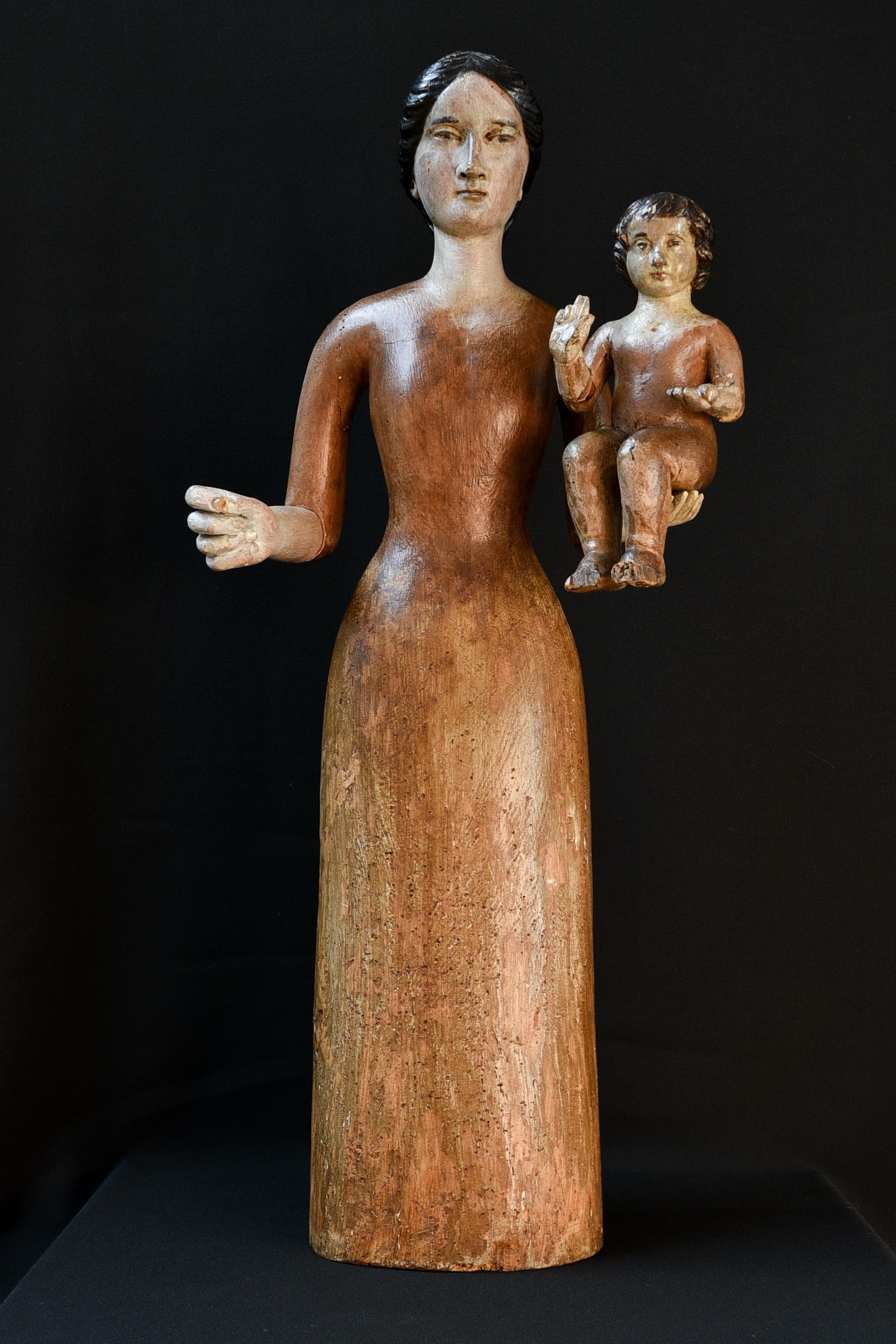 Handgeschnitzte Madonna aus Holz mit Kinderskulptur aus dem 18. Jahrhundert (Southeuropäisch) (Spanisch) im Angebot
