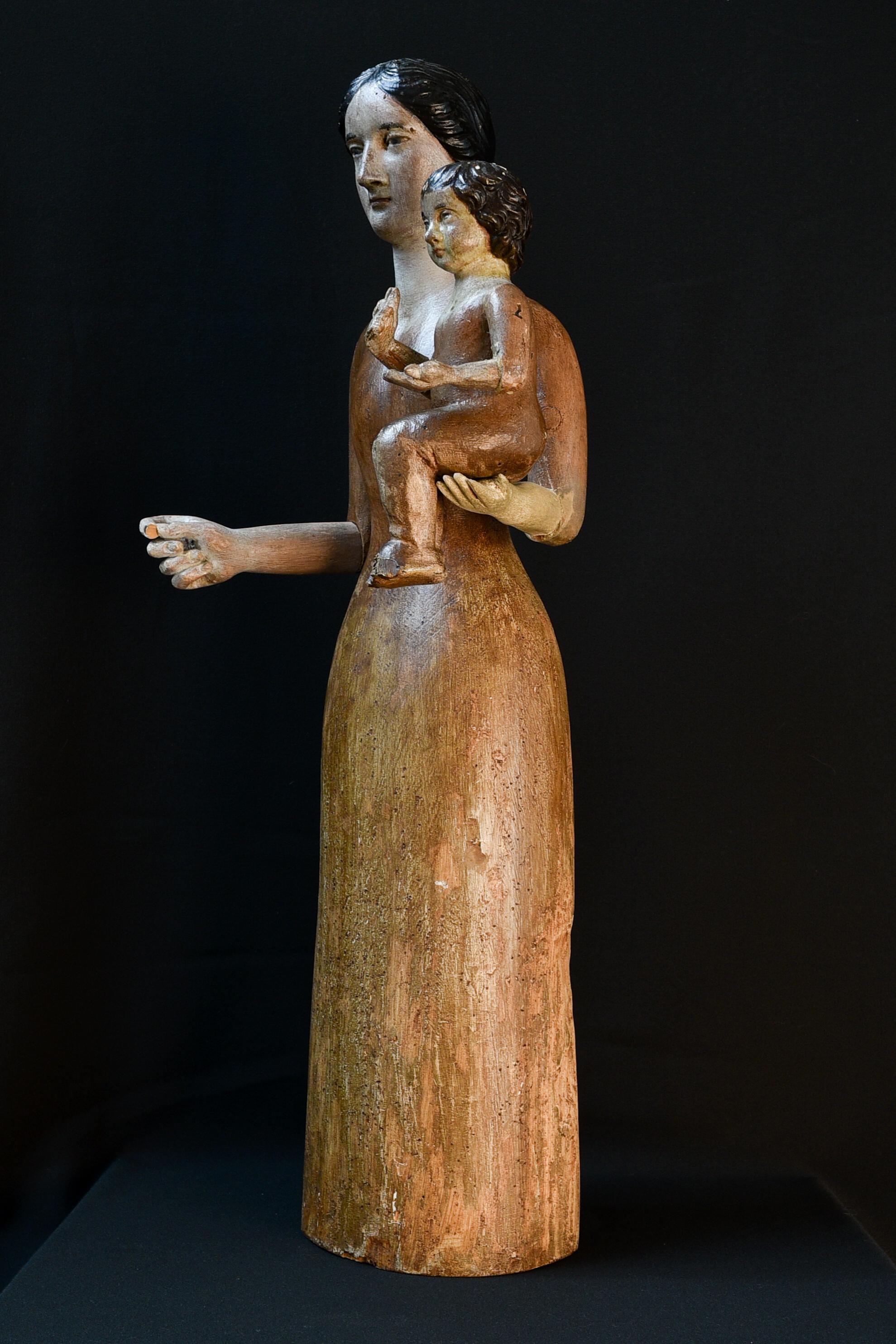 Wood 18th century wooden hand-carved Madonna with child sculpture (South-Europe) For Sale