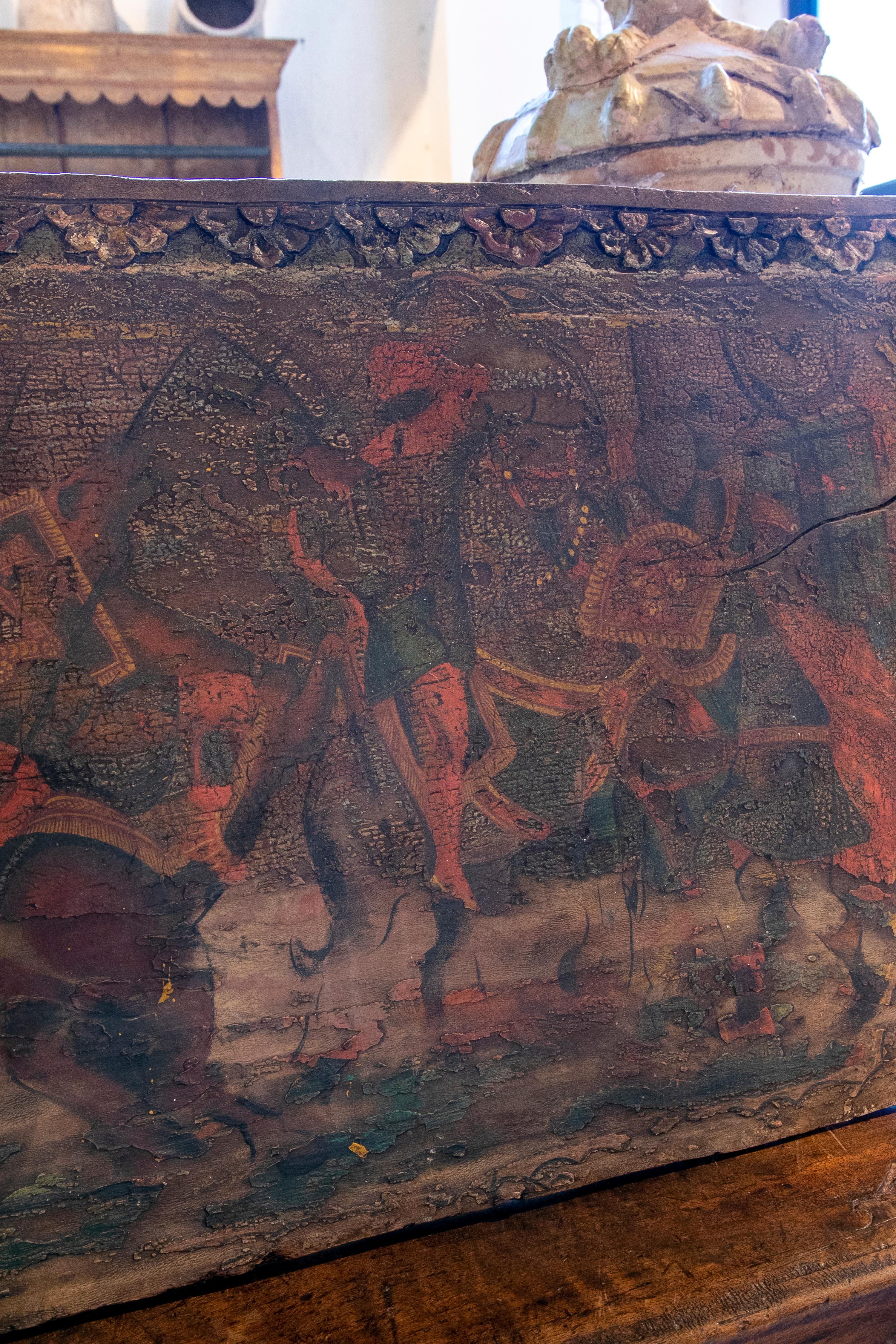 Bois Chariot vénitien en bois du 18ème siècle peint à la main avec des scènes de guerre  en vente
