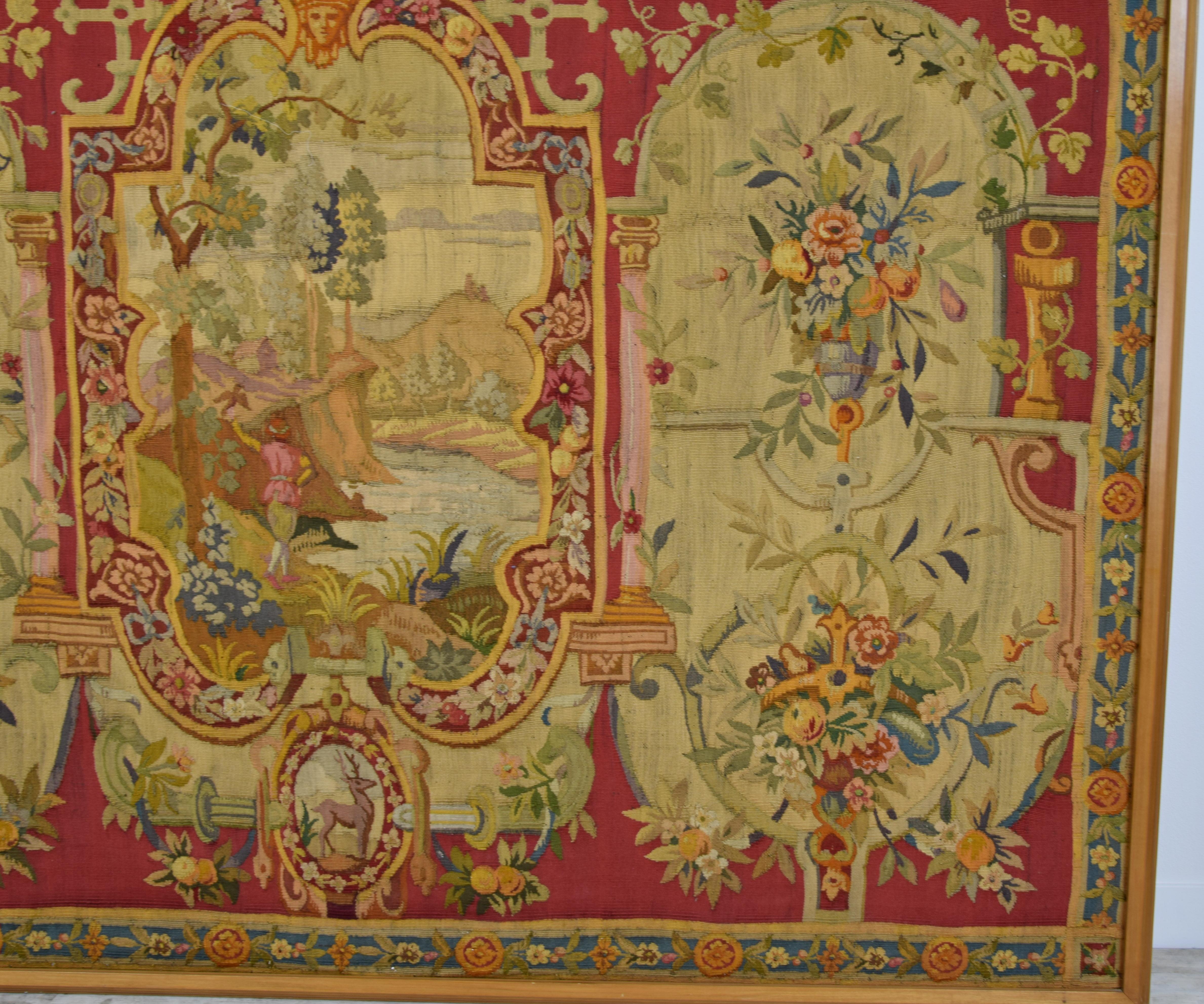 European 18th Century Wool Tapestry with Floral Decorations and River Landscape
