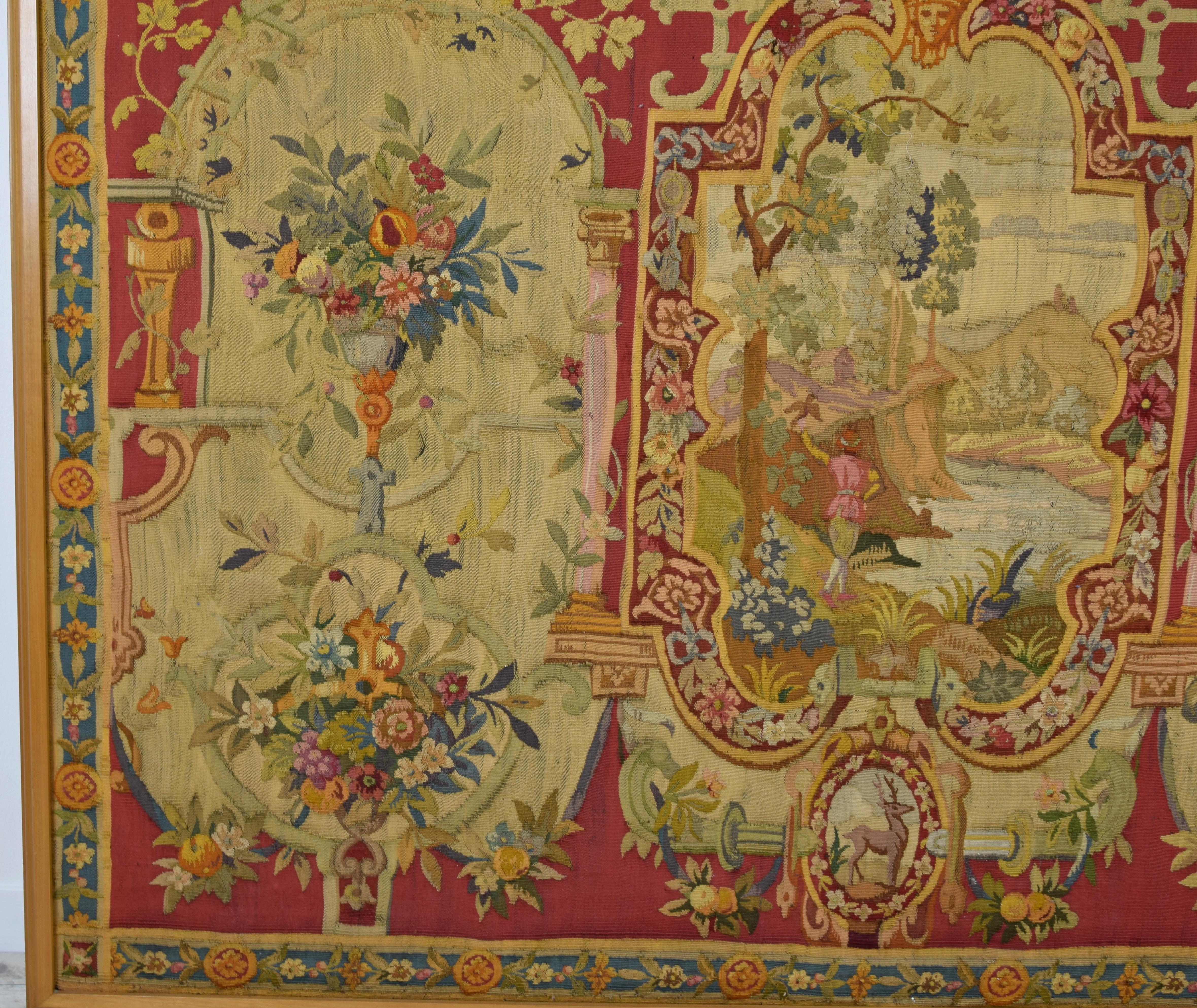 18th Century and Earlier 18th Century Wool Tapestry with Floral Decorations and River Landscape