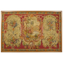 18th Century Wool Tapestry with Floral Decorations and River Landscape