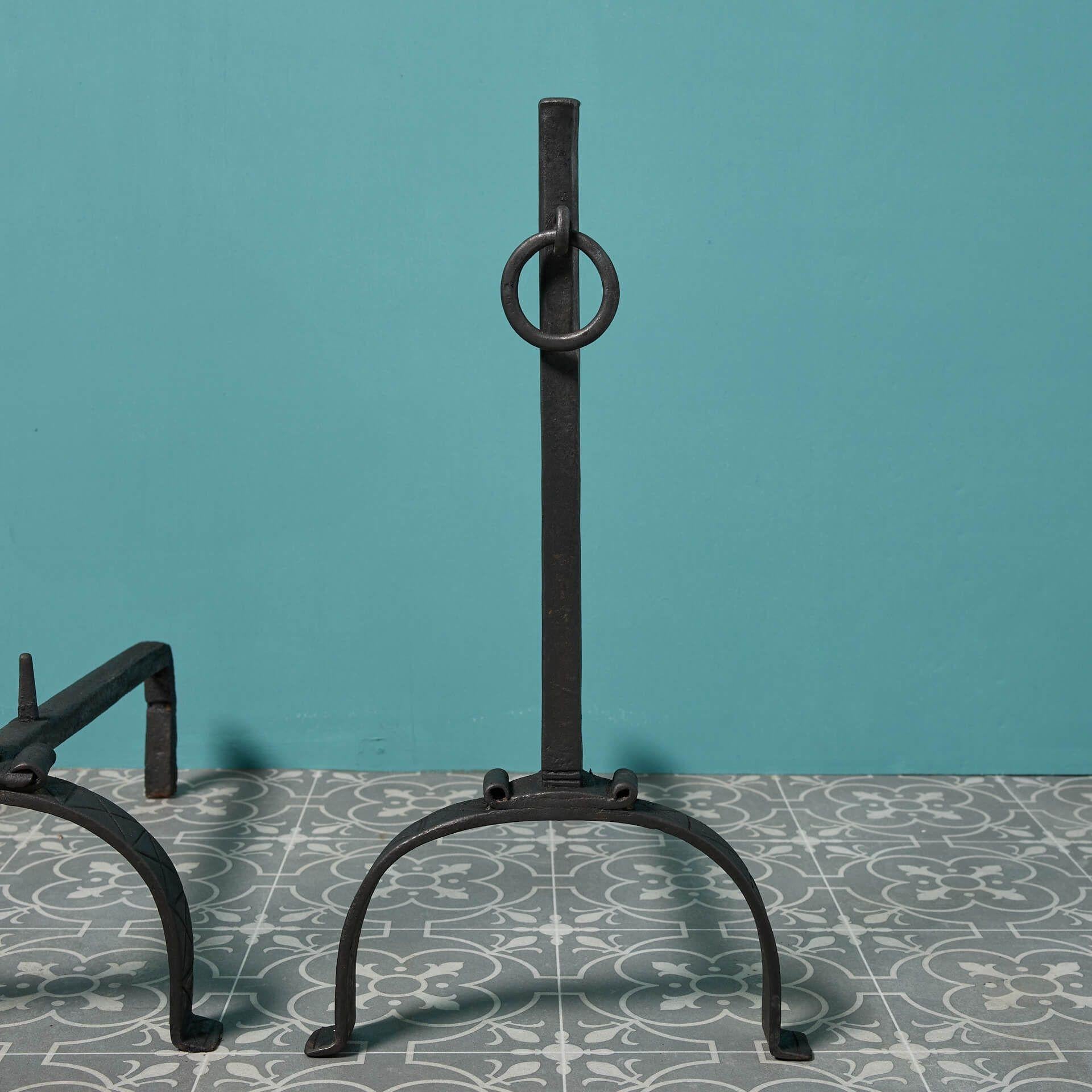 Georgian Pair of Antique Wrought Iron Andirons For Sale