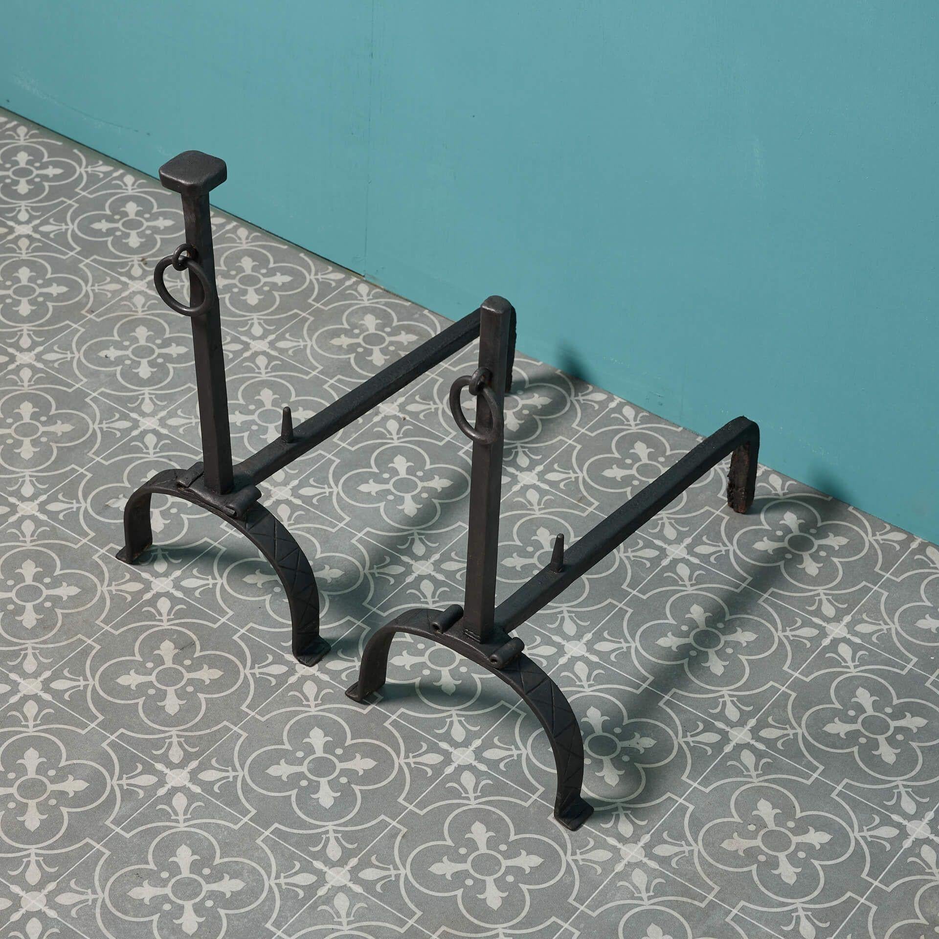 French Pair of Antique Wrought Iron Andirons For Sale