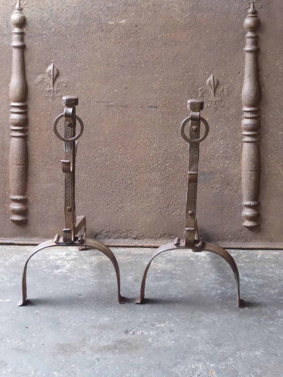 French 18th Century Wrought Iron Andirons, Firedogs