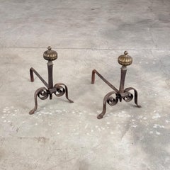 18th Century Wrought Iron Andirons with Fluted Design and Bronze Finials, Italy
