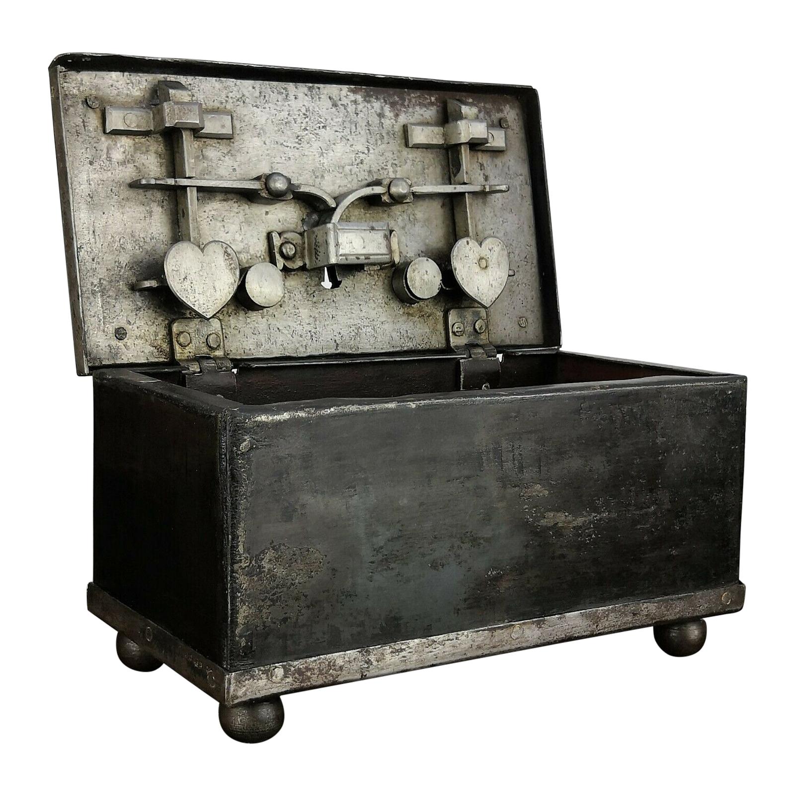 18th Century Wrought Iron Antique Safe, Strongbox, Armada Chest, Iron Casket