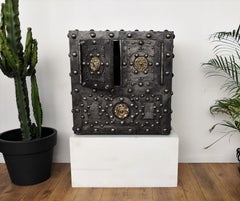 18th Century Wrought Iron Brass Venetian Antique Hobnail Safe Strongbox Cabinet