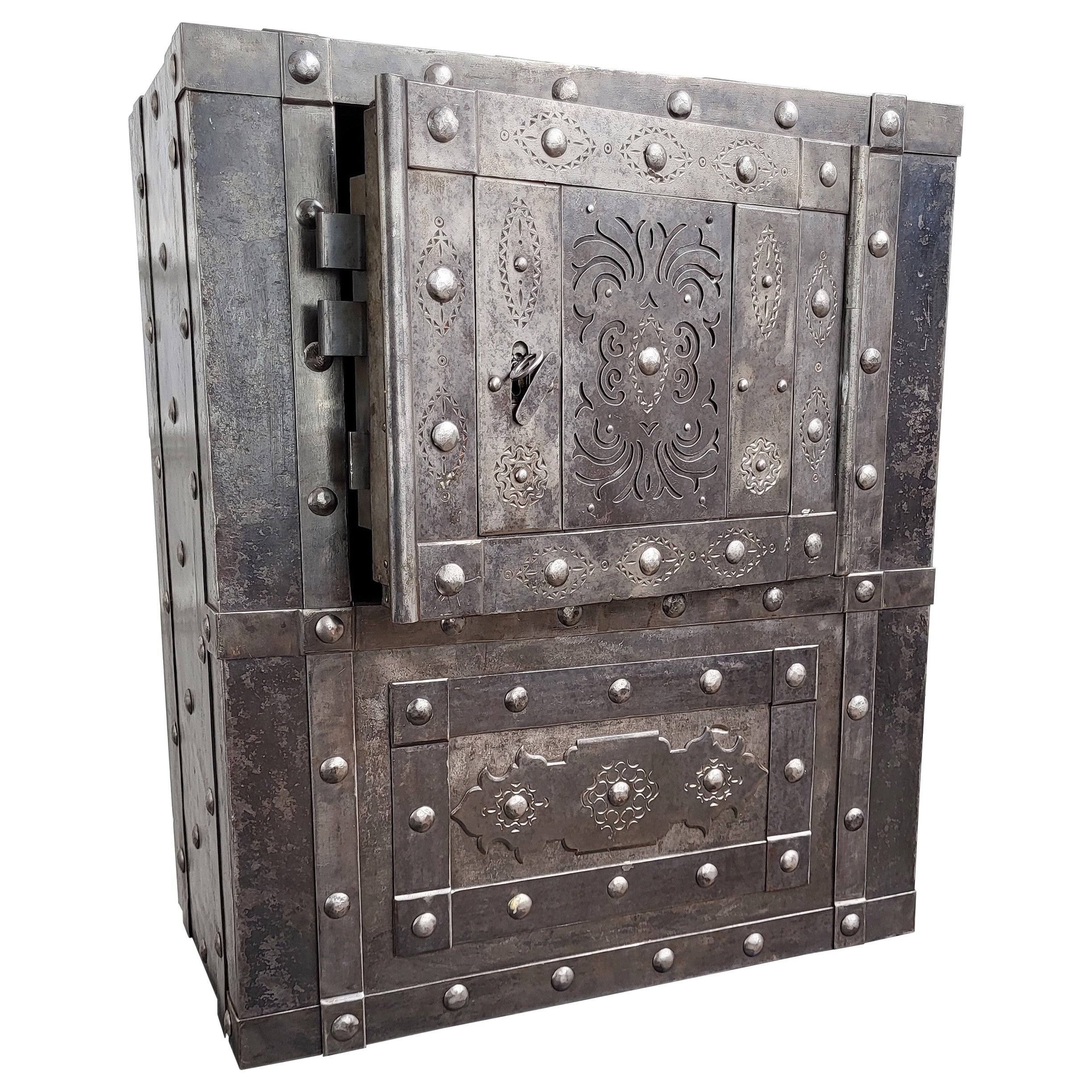 18th Century Wrought Iron Italian Antique Hobnail Safe Strong Box Bar Cabinet