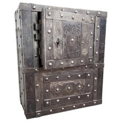 18th Century Wrought Iron Italian Antique Hobnail Safe Strong Box Bar Cabinet