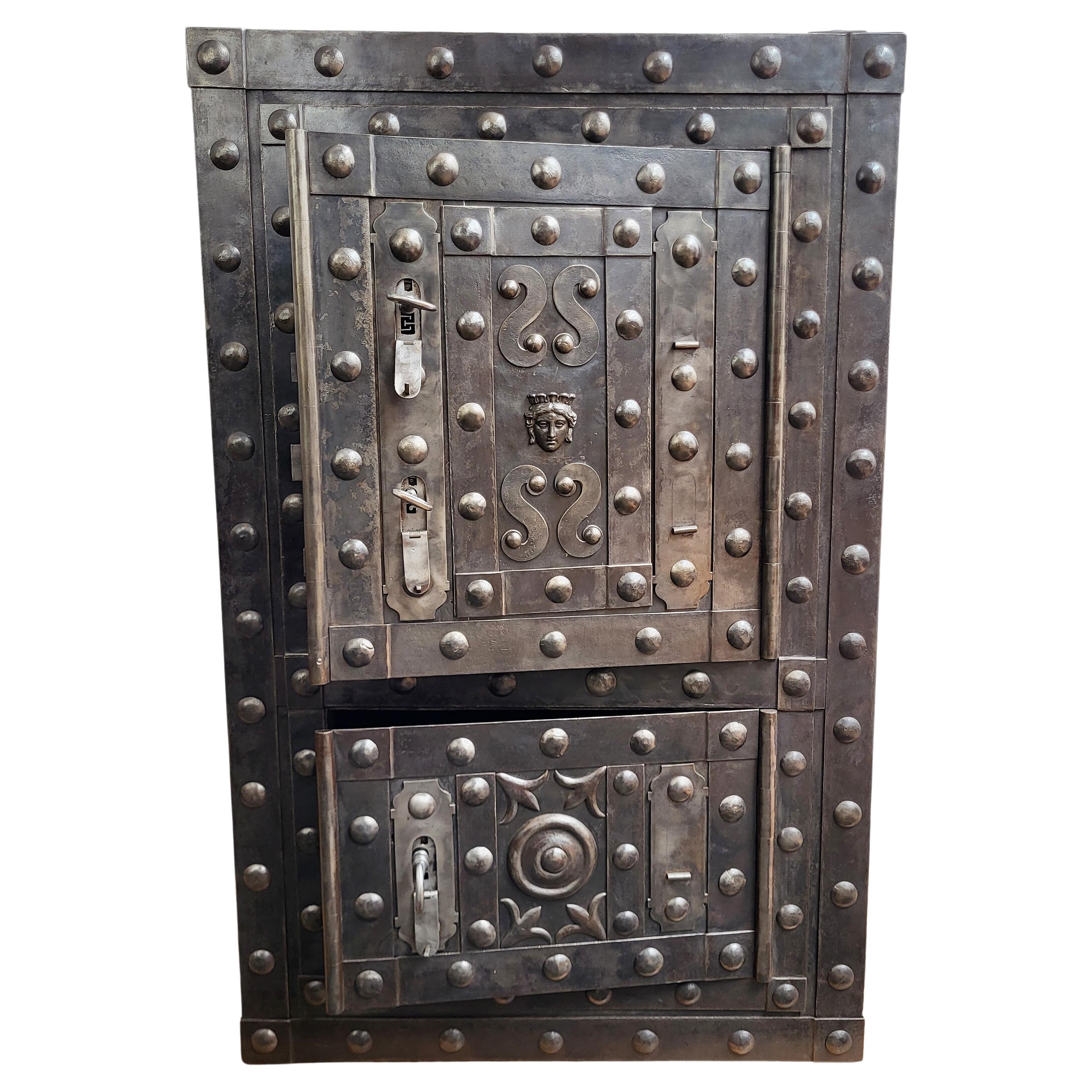 18th Century Wrought Iron Italian Antique Hobnail Safe Strong Box Bar Cabinet