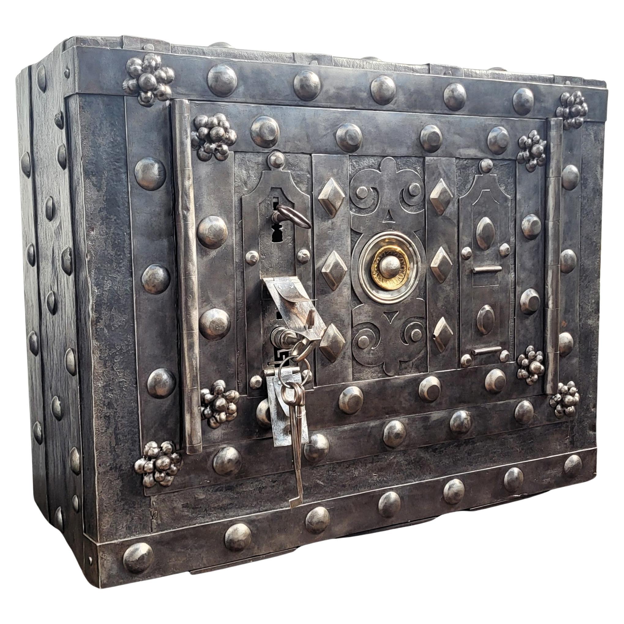 18th Century Wrought Iron Italian Antique Hobnail Safe Strong Box Bar Cabinet For Sale