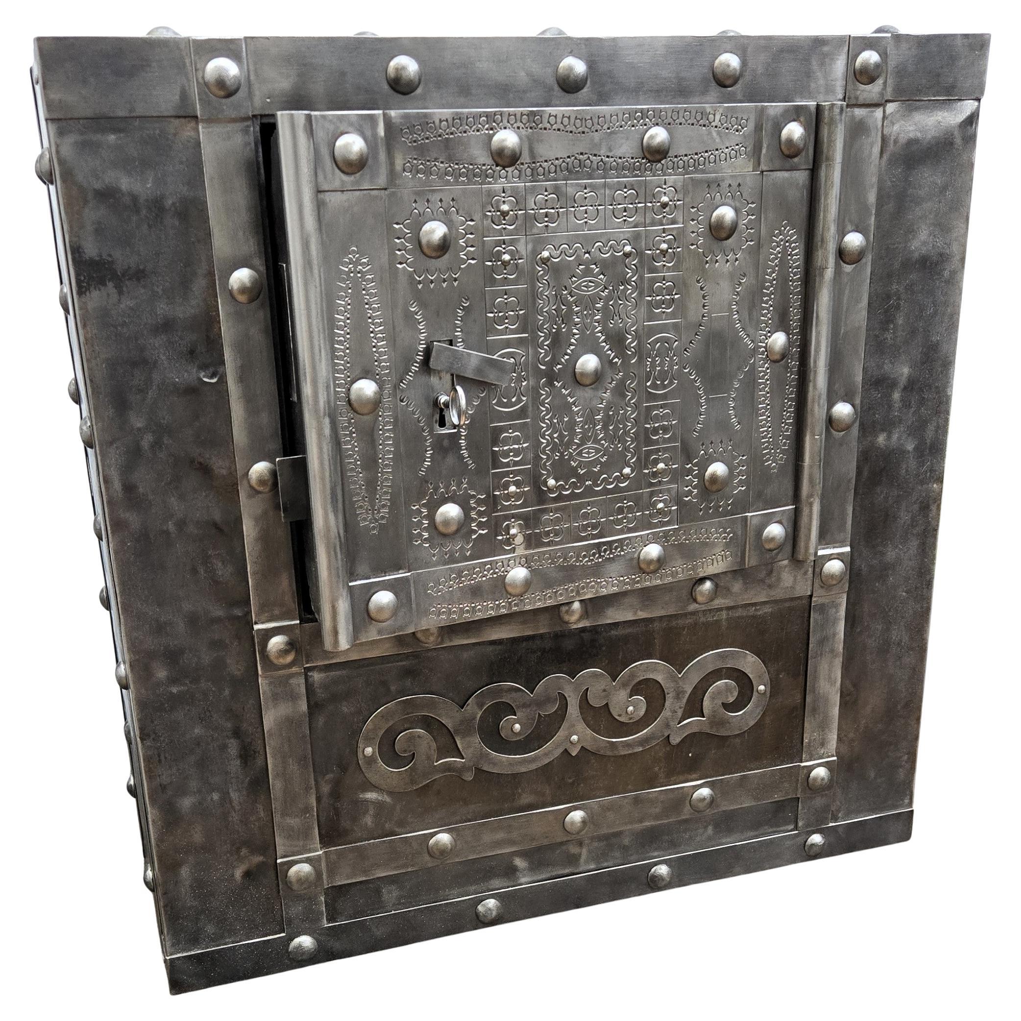 18th Century Wrought Iron Italian Antique Hobnail Safe Strong Box Bar Cabinet
