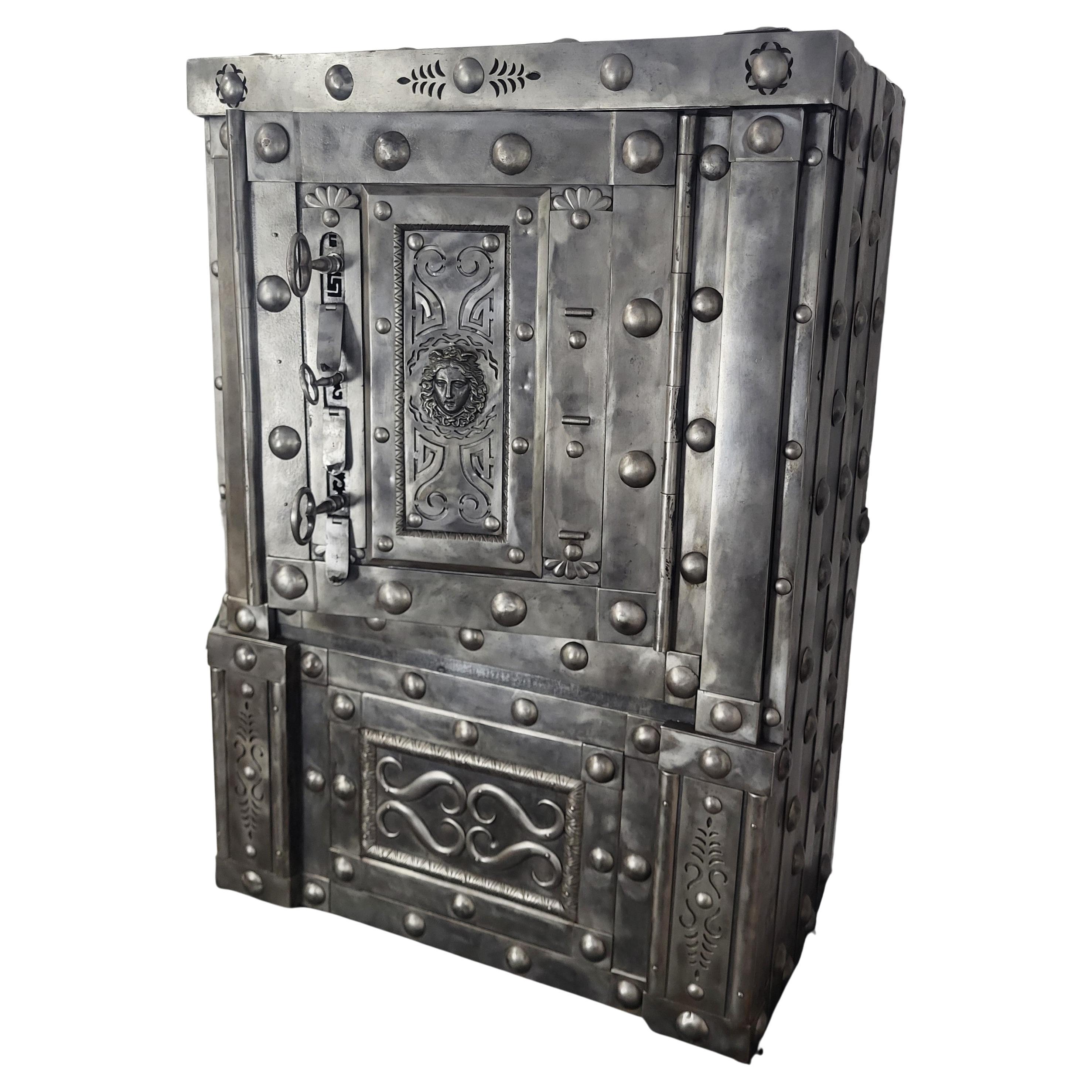 18th Century Wrought Iron Italian Hobnail Antique Safe Strong Box Cabinet For Sale