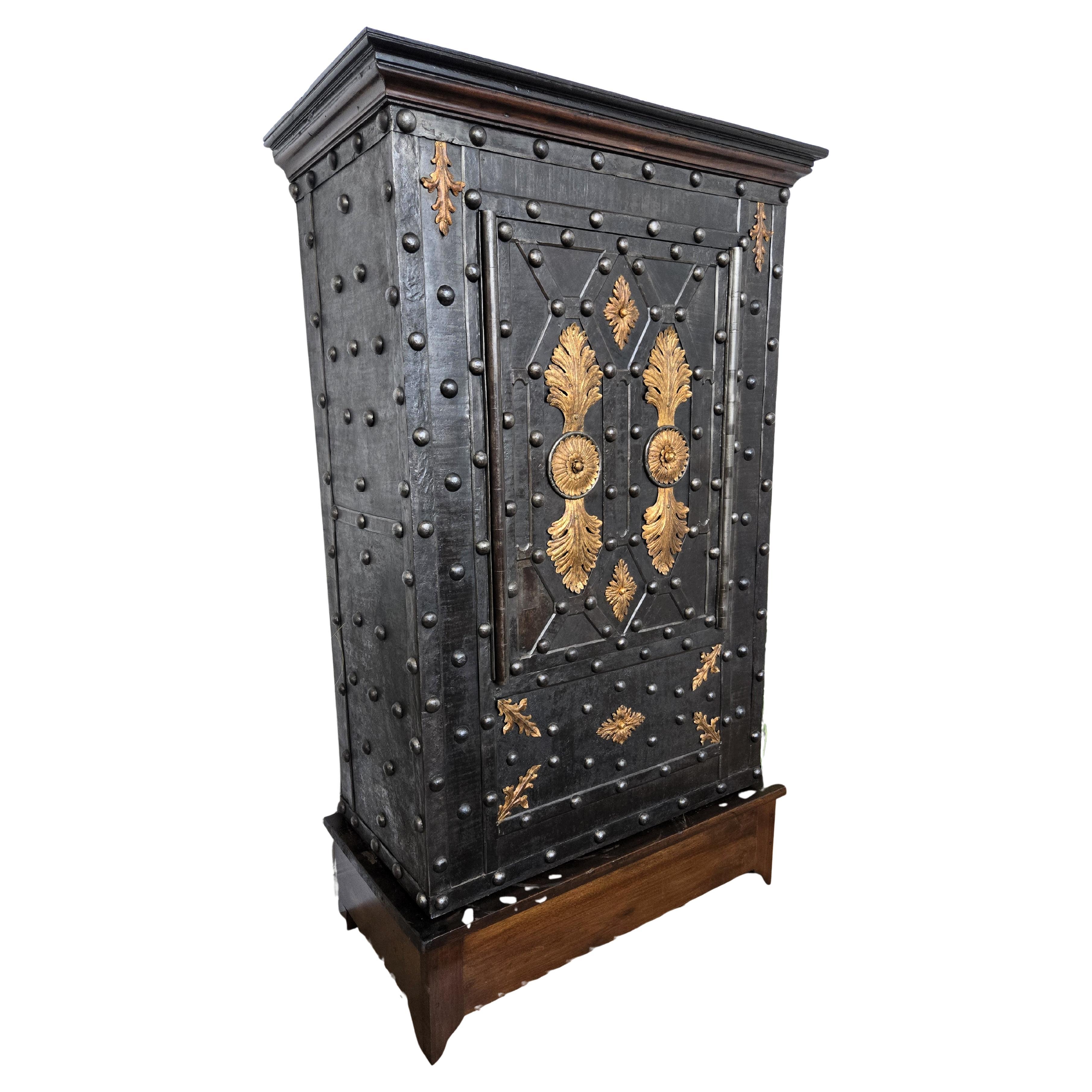 18th Century Wrought Iron Italian Hobnail Antique Safe Strong Box Cabinet