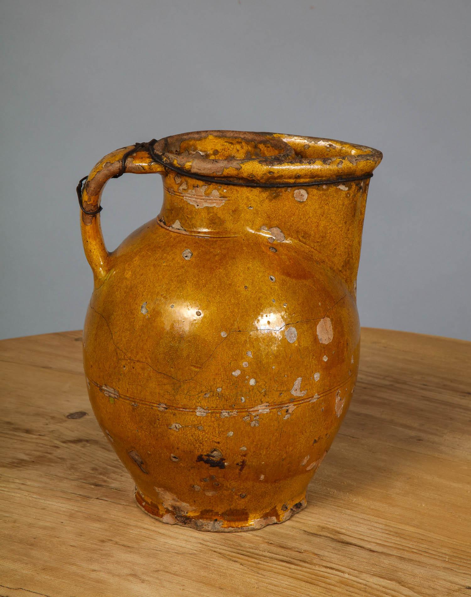 18th Century Yellow Glazed Harvest Pitcher In Distressed Condition In Greenwich, CT