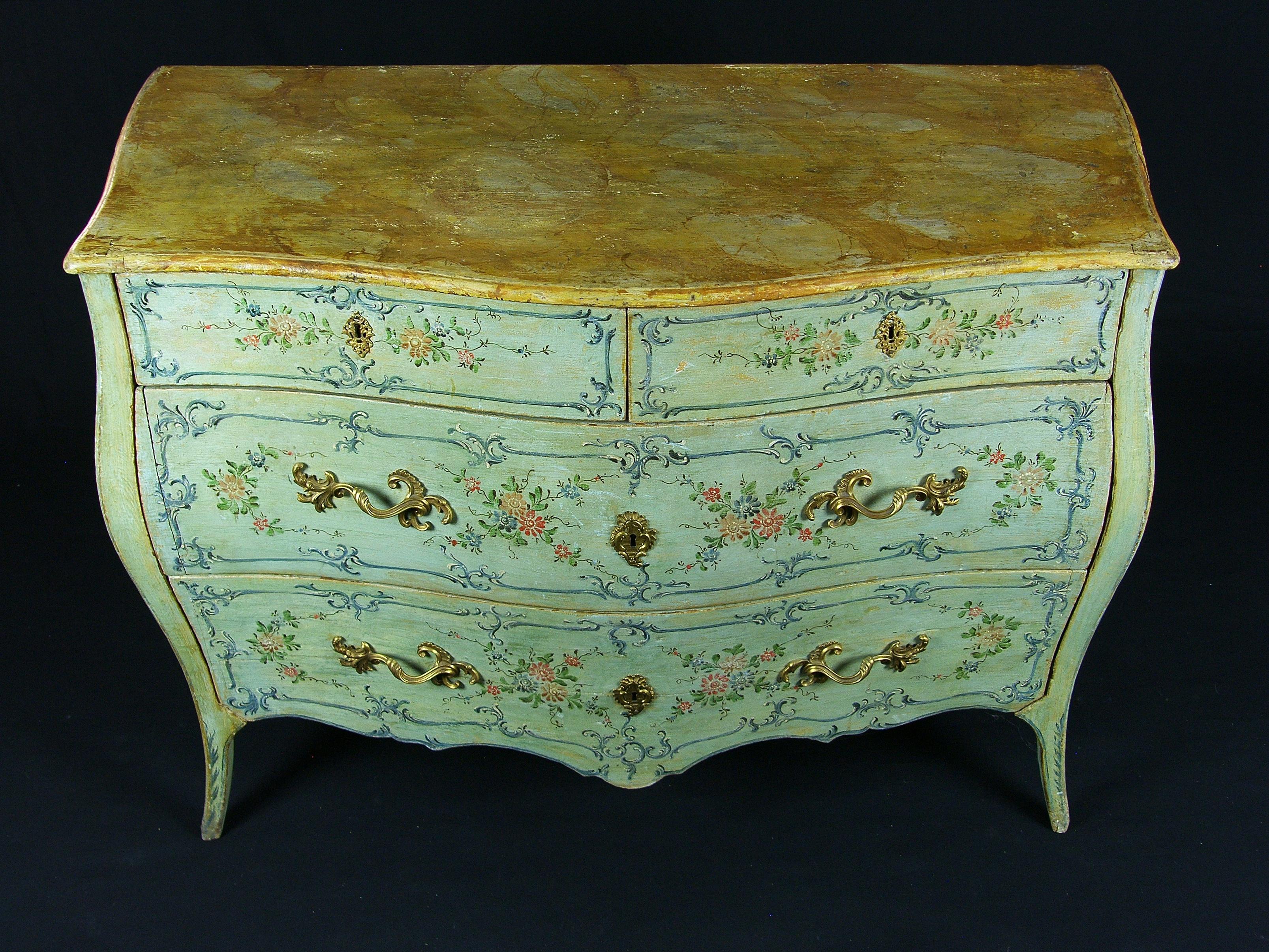 Louis XV 18th Century Italian Polychrome Lacquered Wooden Dresser with Floral Decorations