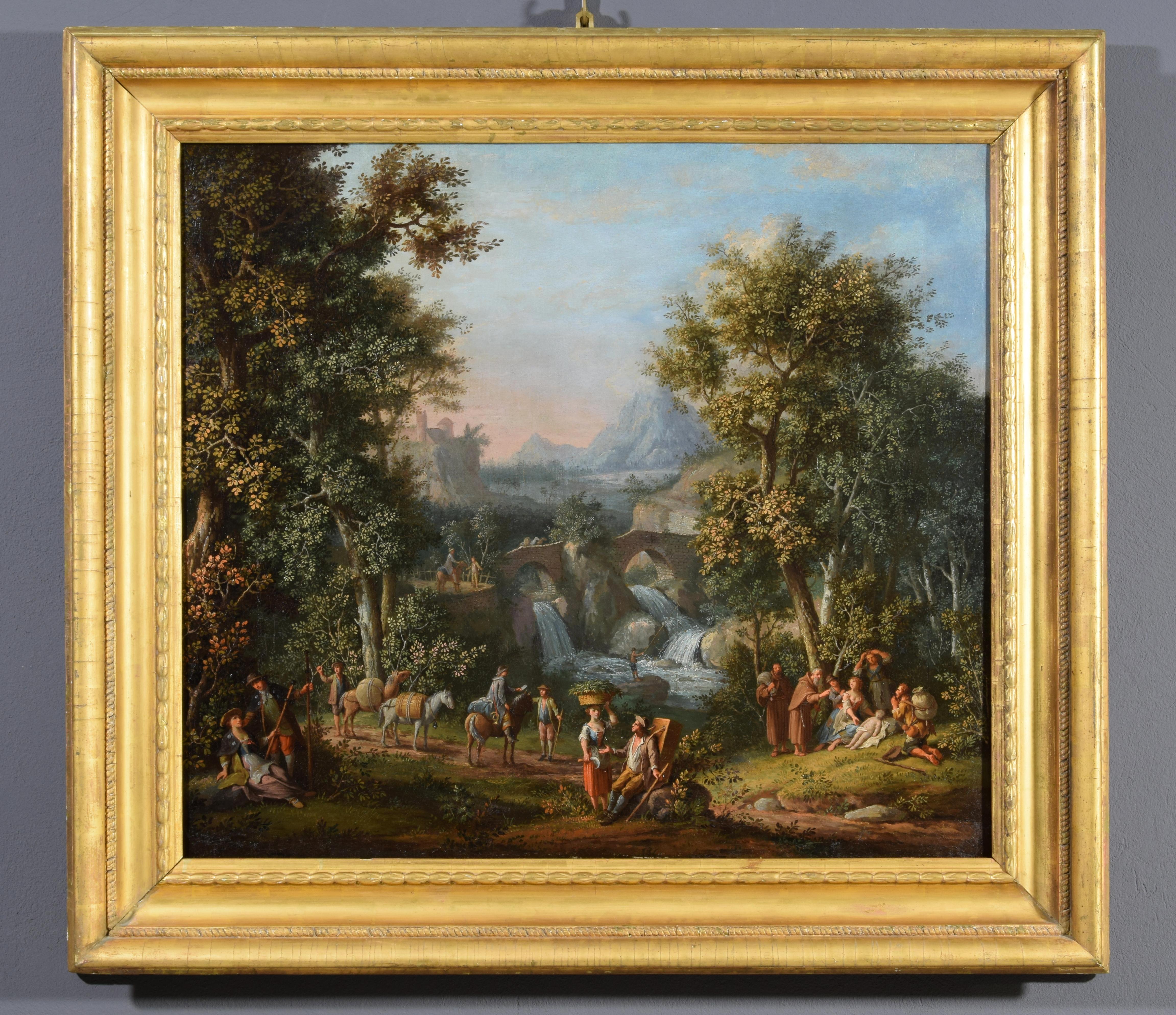 Giovanni Battista Innocenzo Colomba (1713 – 1793)
Landscape with figures 
Oil on canvas, Frame H 102 x L 112 x P 8; canvas H 77 x L 87

The valuable painting, attributable to the painter Giovanni Battista Innocenzo Colomba (1713 - 1793), depicts a