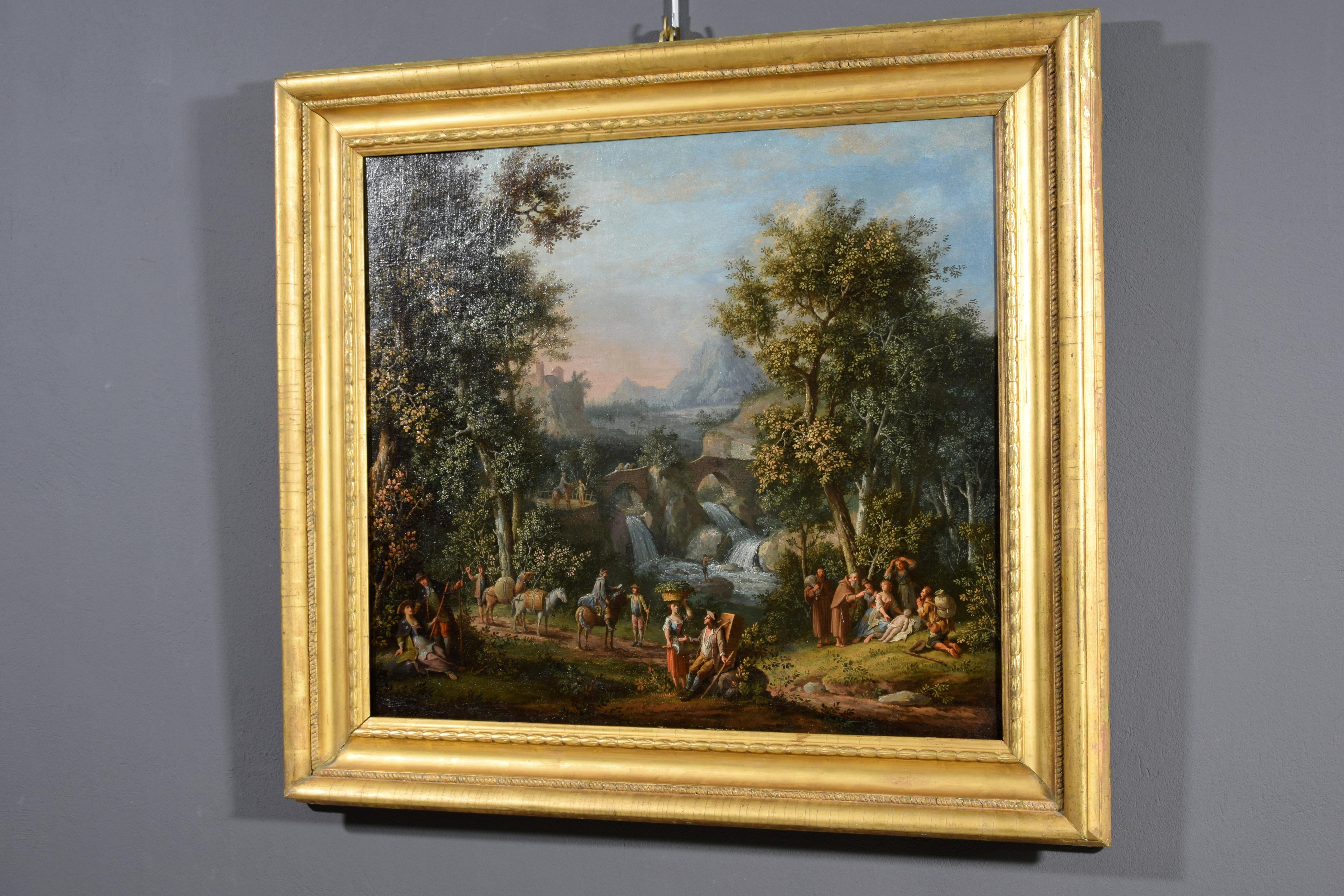 Rococo 18th Centuy, Italian Painting with Landscape by Giovanni Battista Colomba For Sale